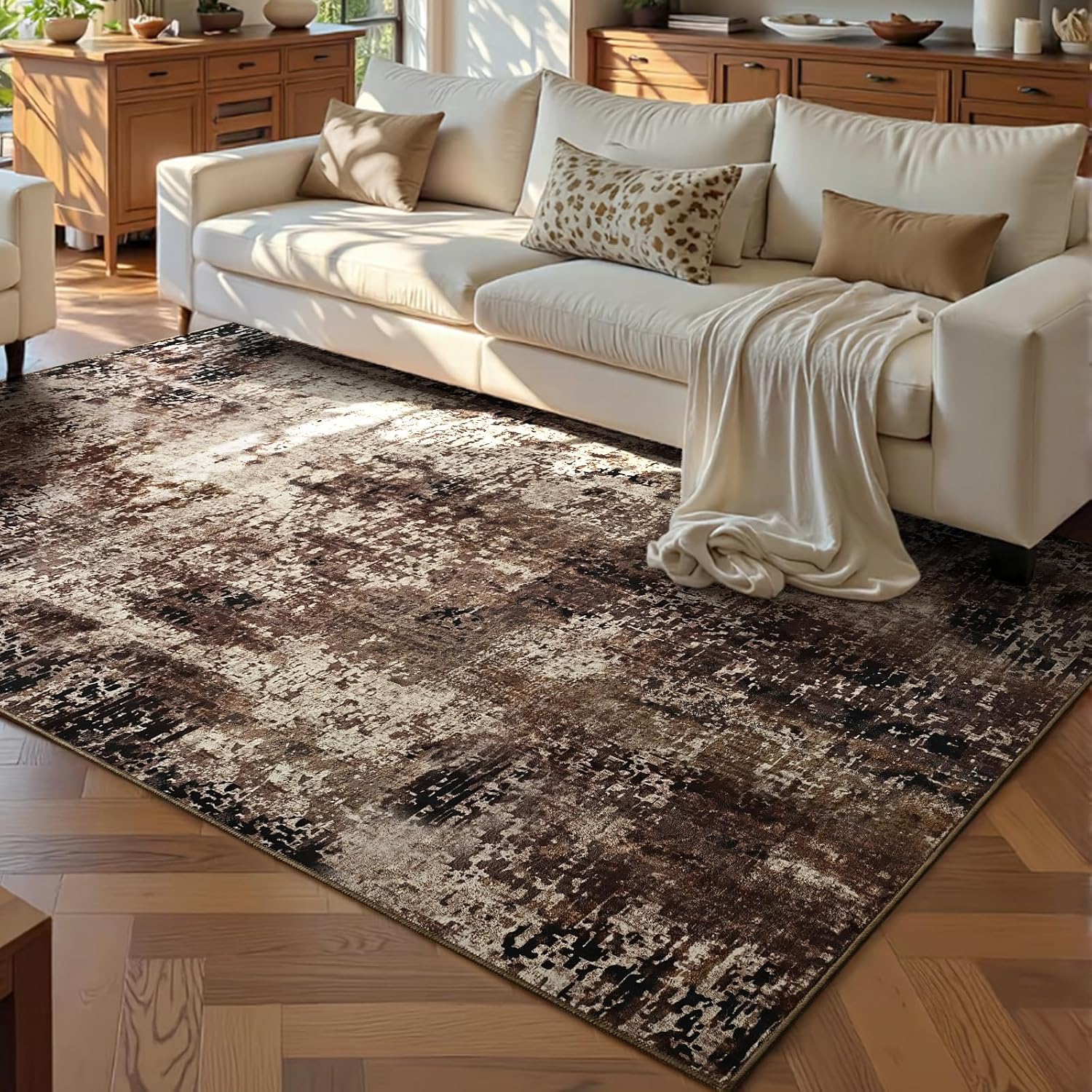 Detalle 2 de Ompaa 5x7 Brown Living Room Rug | Machine Washable Boho Non-Slip Area Rug