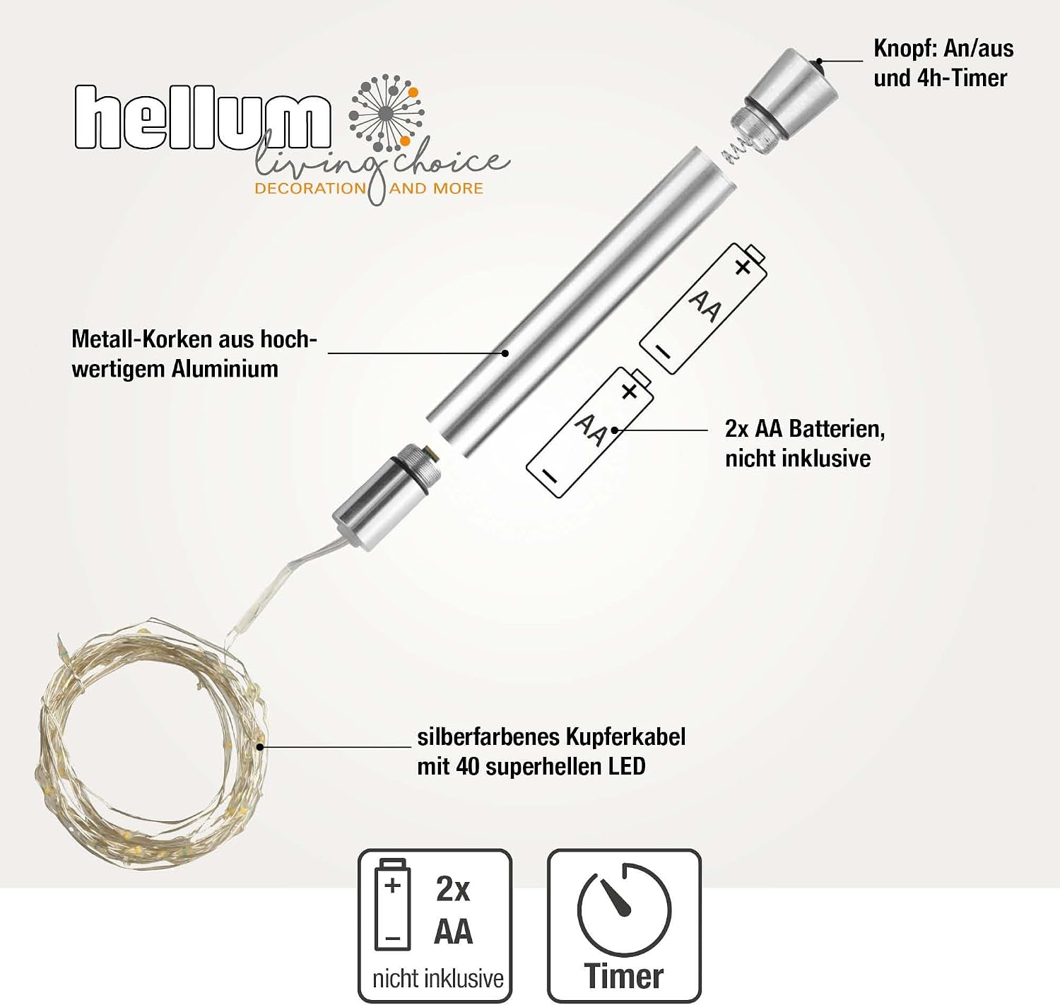 Thumbnail 1 de hellum LED Flaschen Lichterkette mit Timer – 40 Lichtquellen, 4 m, 2x AA Betrieb