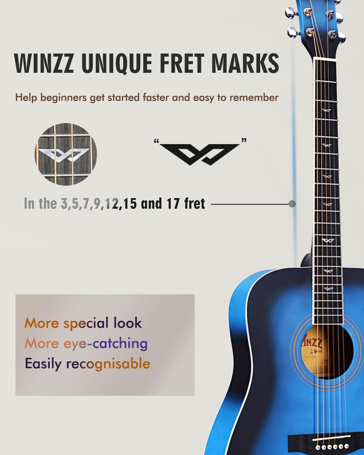 Detalle de Winzz Akustikgitarren 4/4 Blau – 41 Zoll für Anfänger inklusive Komplett-Set