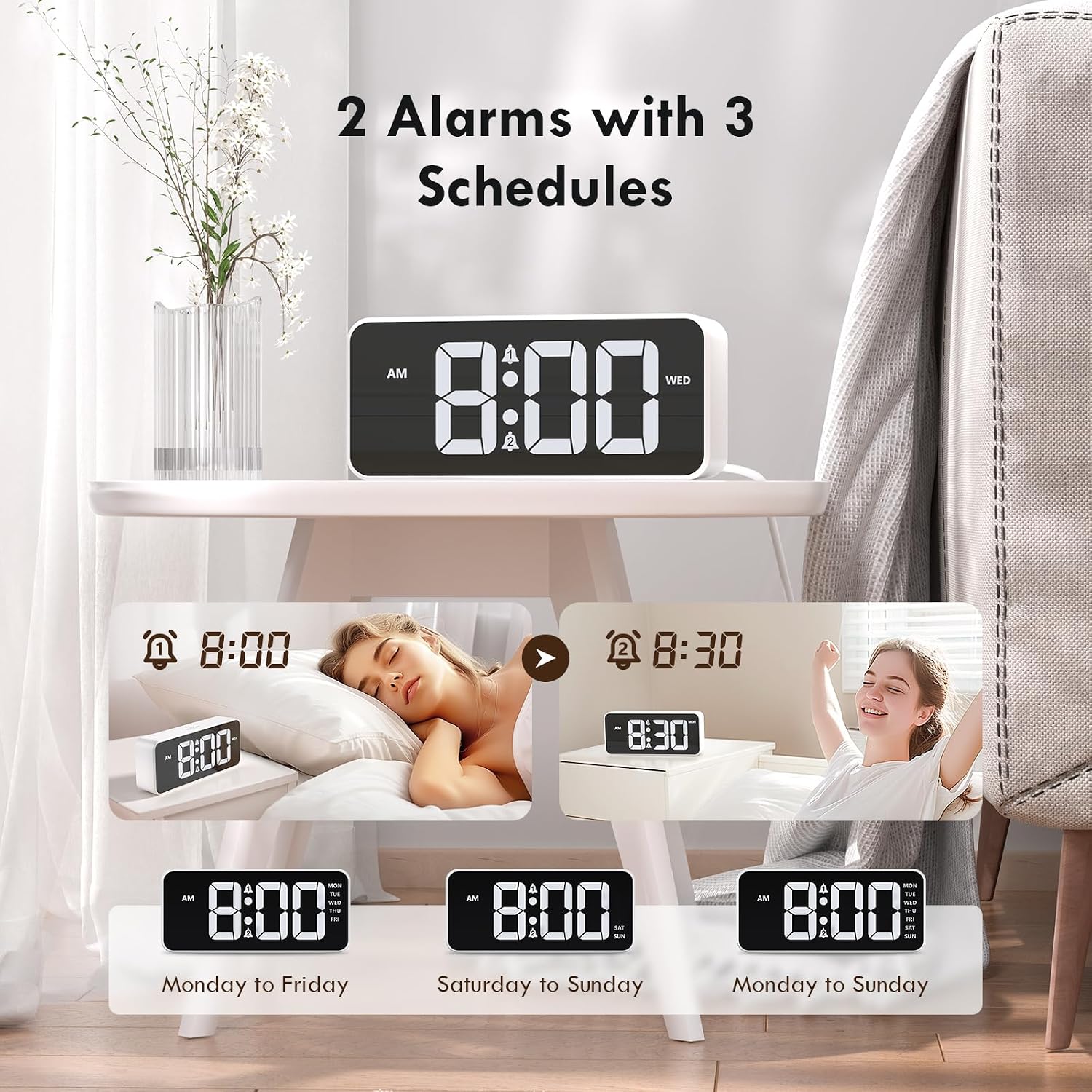 Thumbnail 3 de CHEREEKI Mains Powered Digital Alarm Clock for Bedside Use with Large LED Display, Dual Alarm & USB Charging