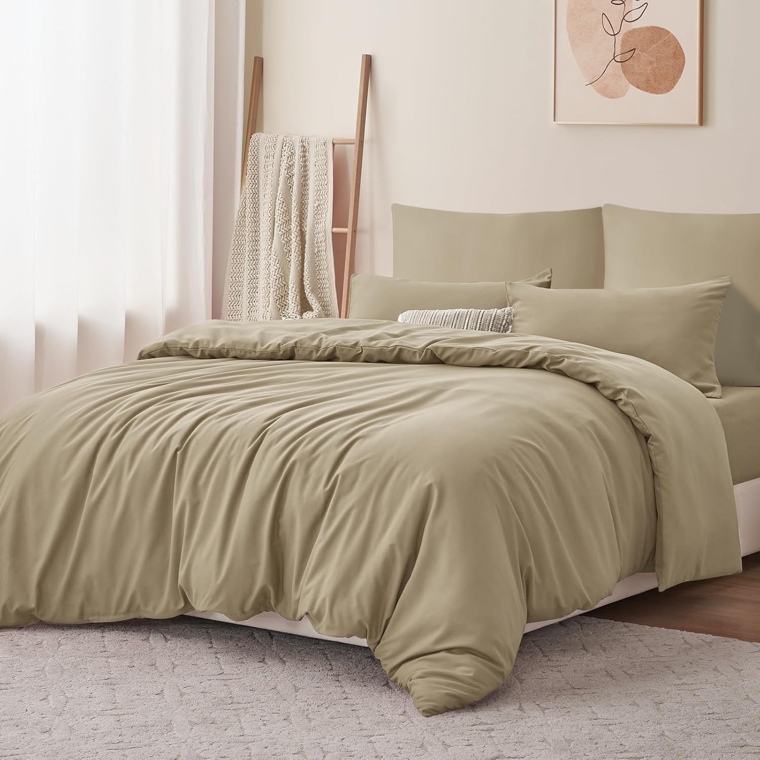 Thumbnail 2 de RUIKASI Housse de couette 220x240 cm kaki en microfibre avec fermeture éclair (parure 2 personnes + 2 taies 65x65)