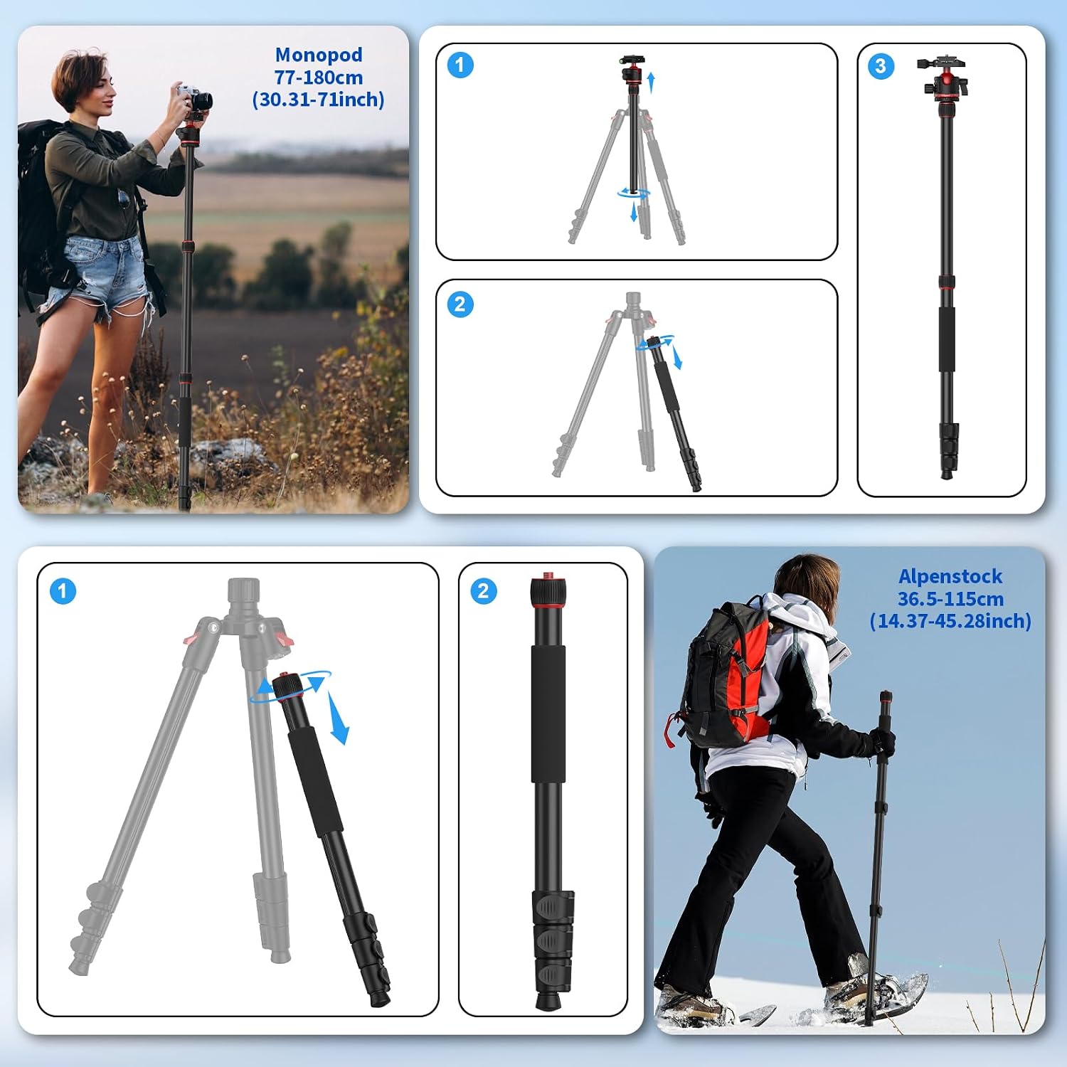 Detalle de XXZU 74” Camera Tripod (Aluminium) with 360° Ball Head, Quick Release Plate, Phone Holder – Tripod/Monopod
