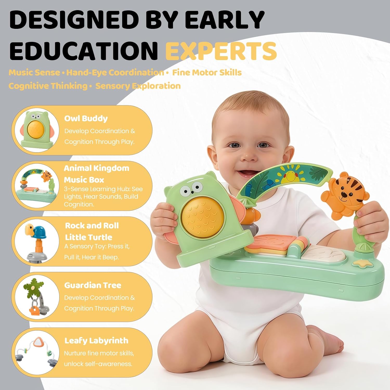 Detalle de Time Followers 6-in-1 Baby Activity Center (4-Stage Montessori-Inspired) in Grey