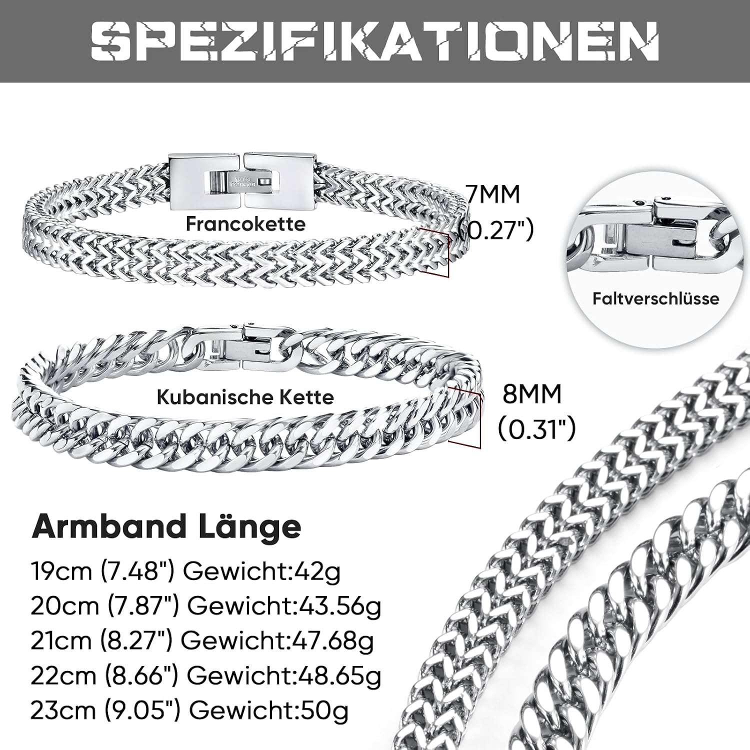 Thumbnail 4 de FLHEART Herren-Armband aus Edelstahl im Panzerketten-Look (2er-Set) – 8 mm Breite, Längen 19/21/23 cm