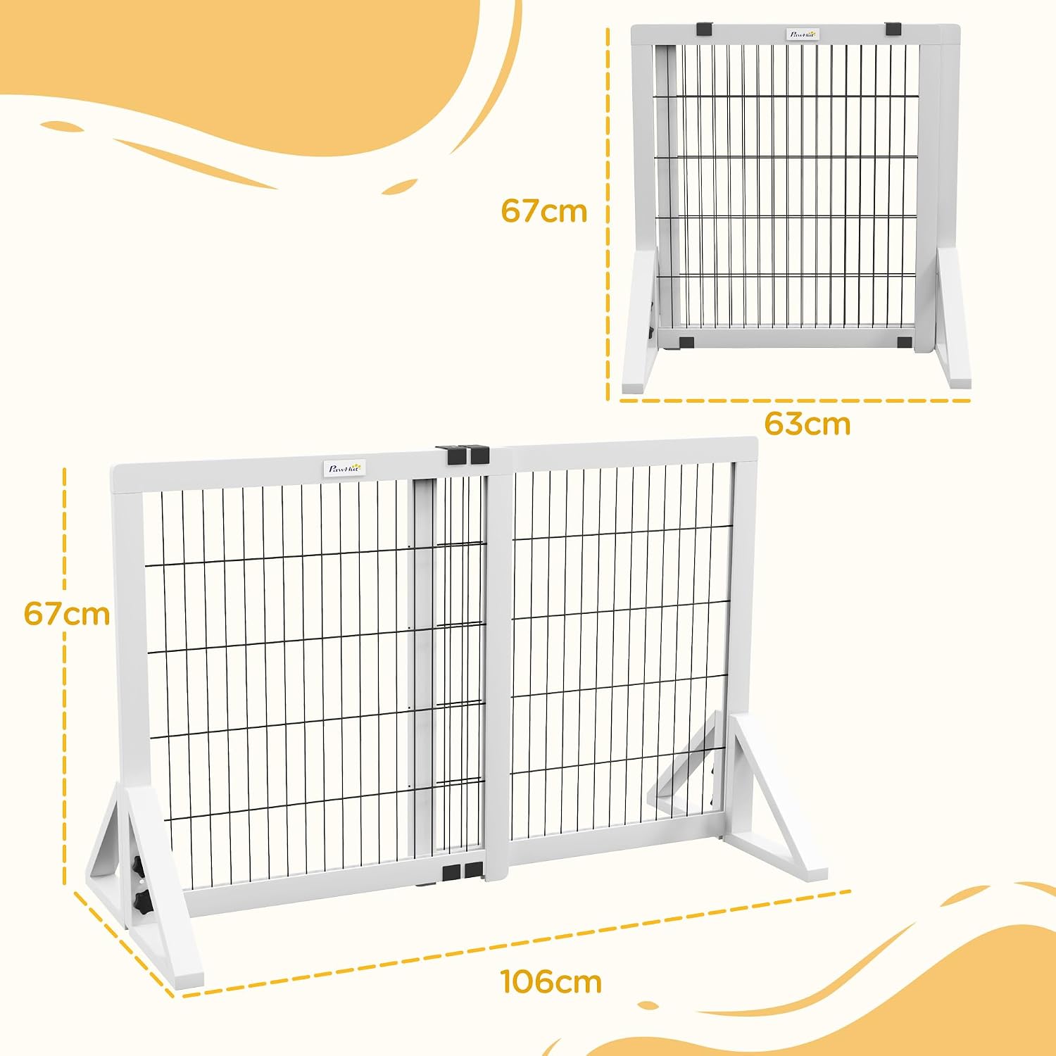 Thumbnail 6 de PawHut Barrière de sécurité pour chien à 2 panneaux réglable 63-106 x 44 x 67 cm, bois de pin et acier, blanc