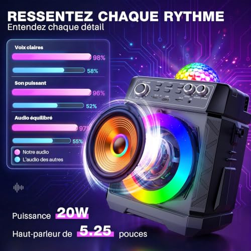 Thumbnail 3 de Gralal enceinte karaoké avec boule disco, 2 micros sans fil et recharge magnétique
