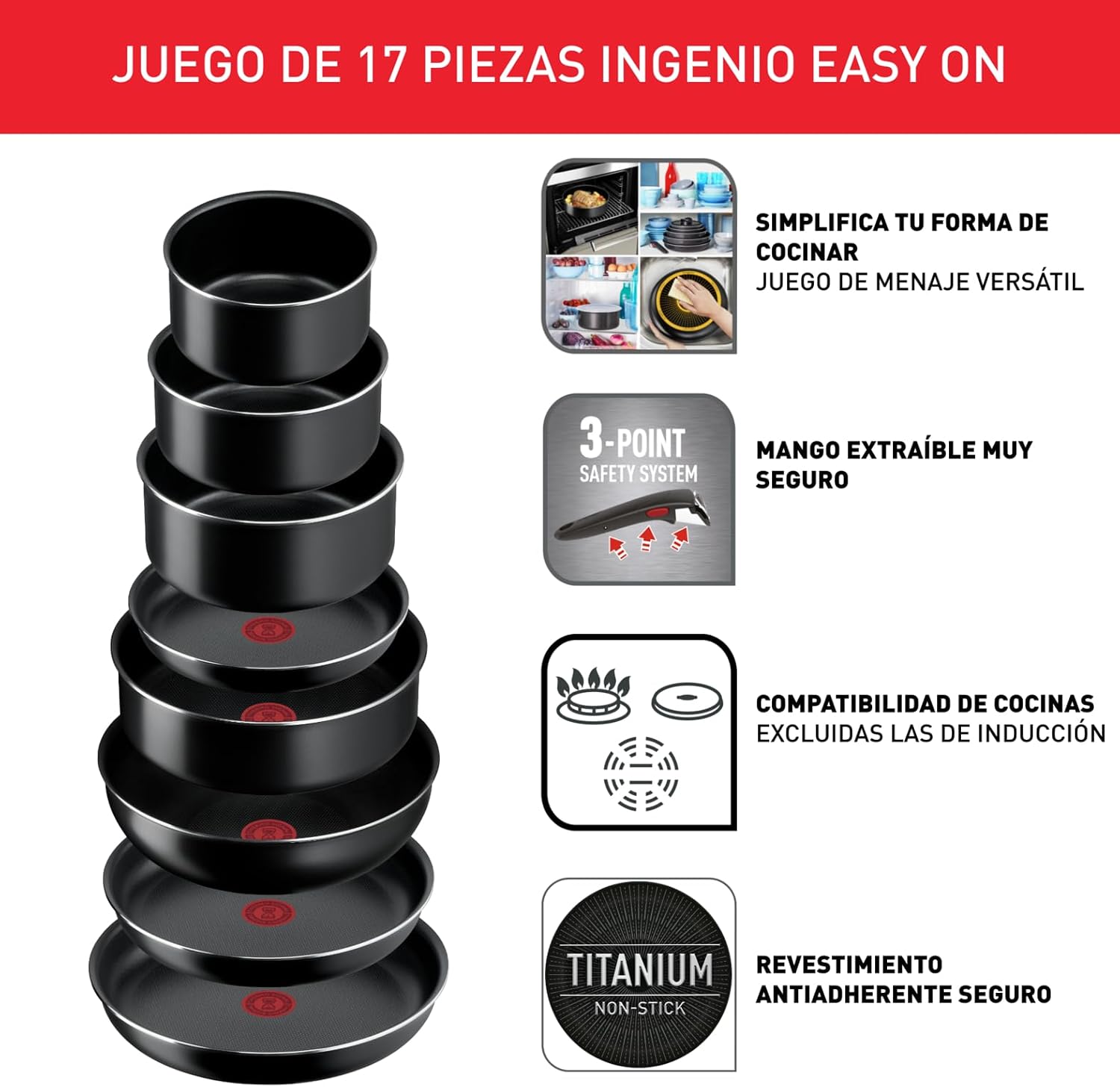 Detalle de Tefal Ingenio Easy On: Juego de Sartenes, Cazos, Guisera y Wok