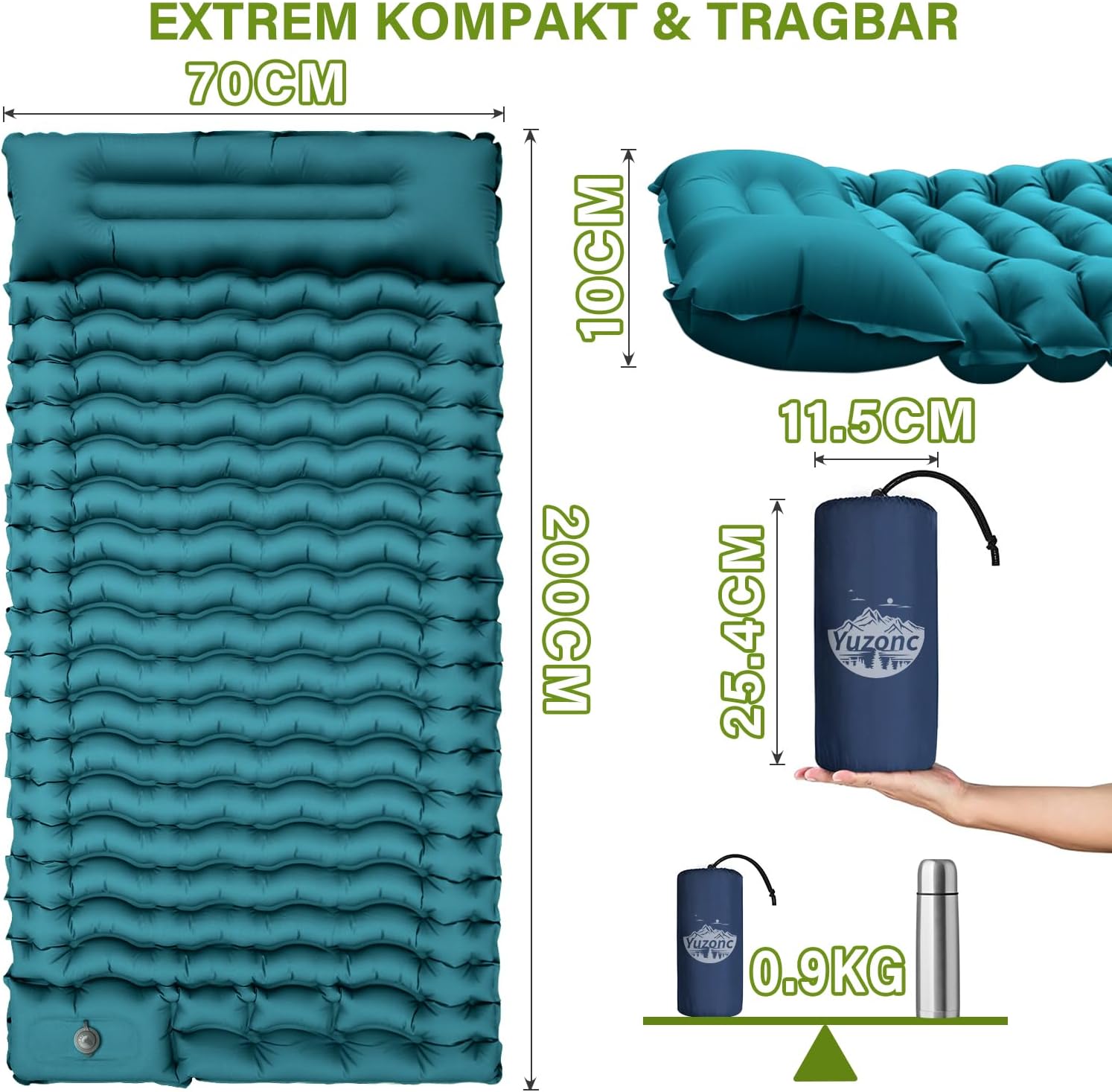 Detalle de Yuzonc Isomatte Selbstaufblasend – Verdickte Campingmatte mit integrierter Fußpumpe (188 x 65,5 x 16 cm)