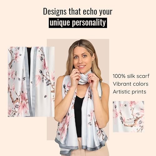 Detalle de Trillion London Silk Shawl: Soft Grey Blossoms Designer Silk Scarf