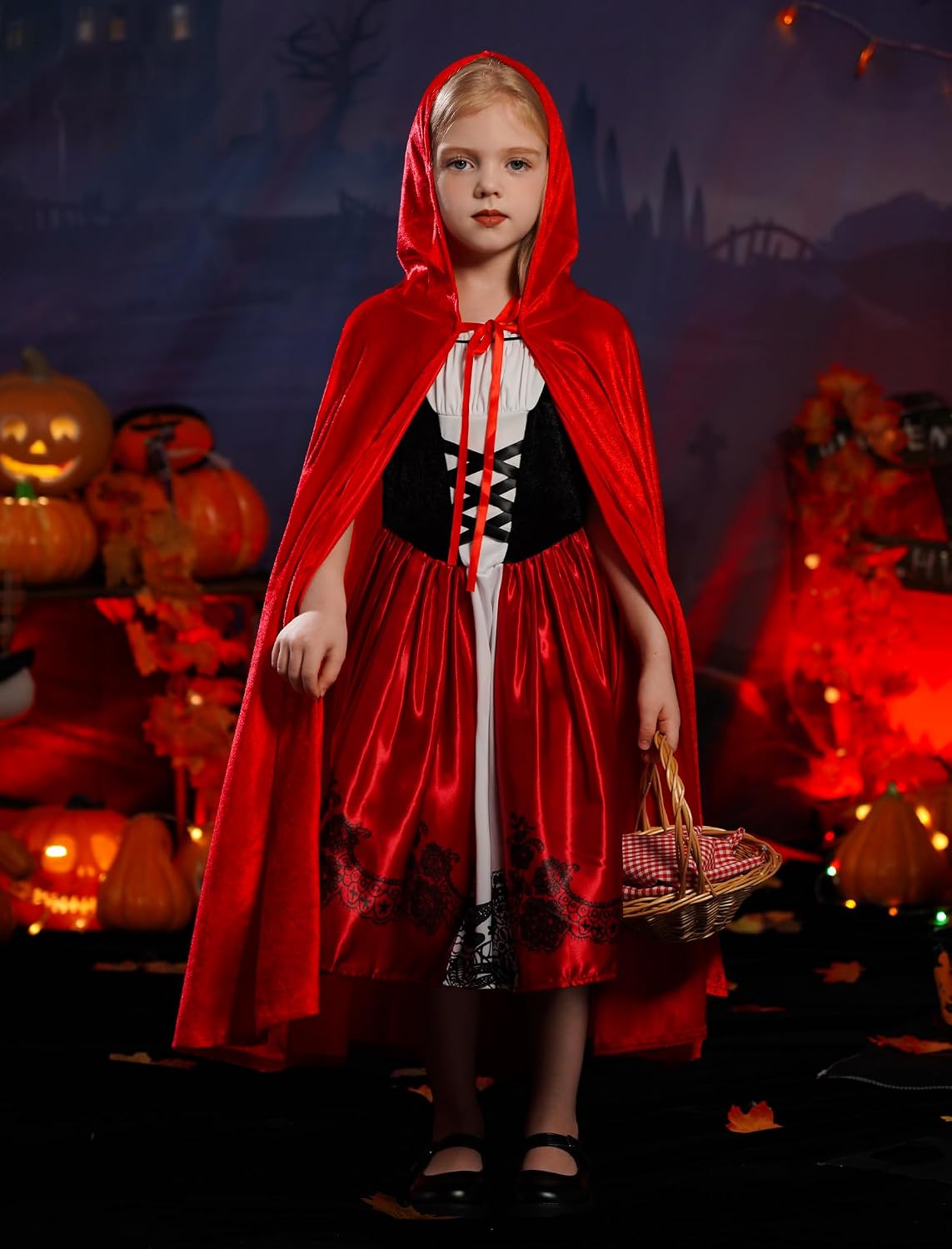 Detalle 2 de IDOPIP Little Red Riding Hood Costume for Girls, 2-Piece Dress and Cape