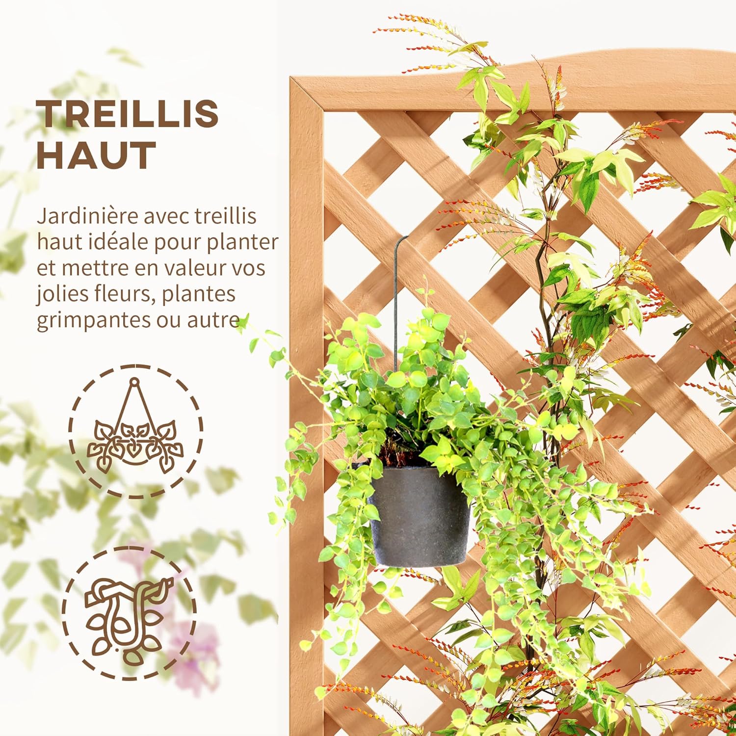 Detalle de Outsunny Jardinière sur pieds avec treillis en sapin pré-huilé – 76L x 36l x 170H cm, fond à lattes