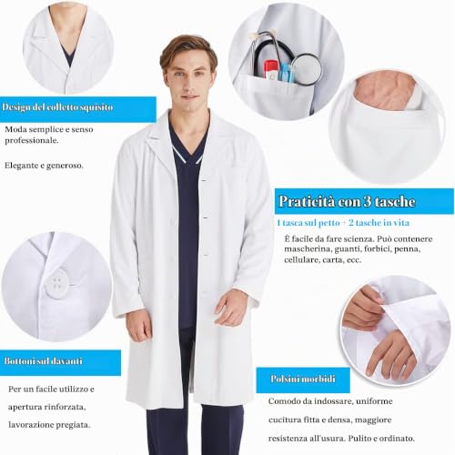 Detalle de CoatCool Camice da Laboratorio Bianco, Donna/Uomo, XXL – versatilità e comfort per ambienti sanitari e creativi