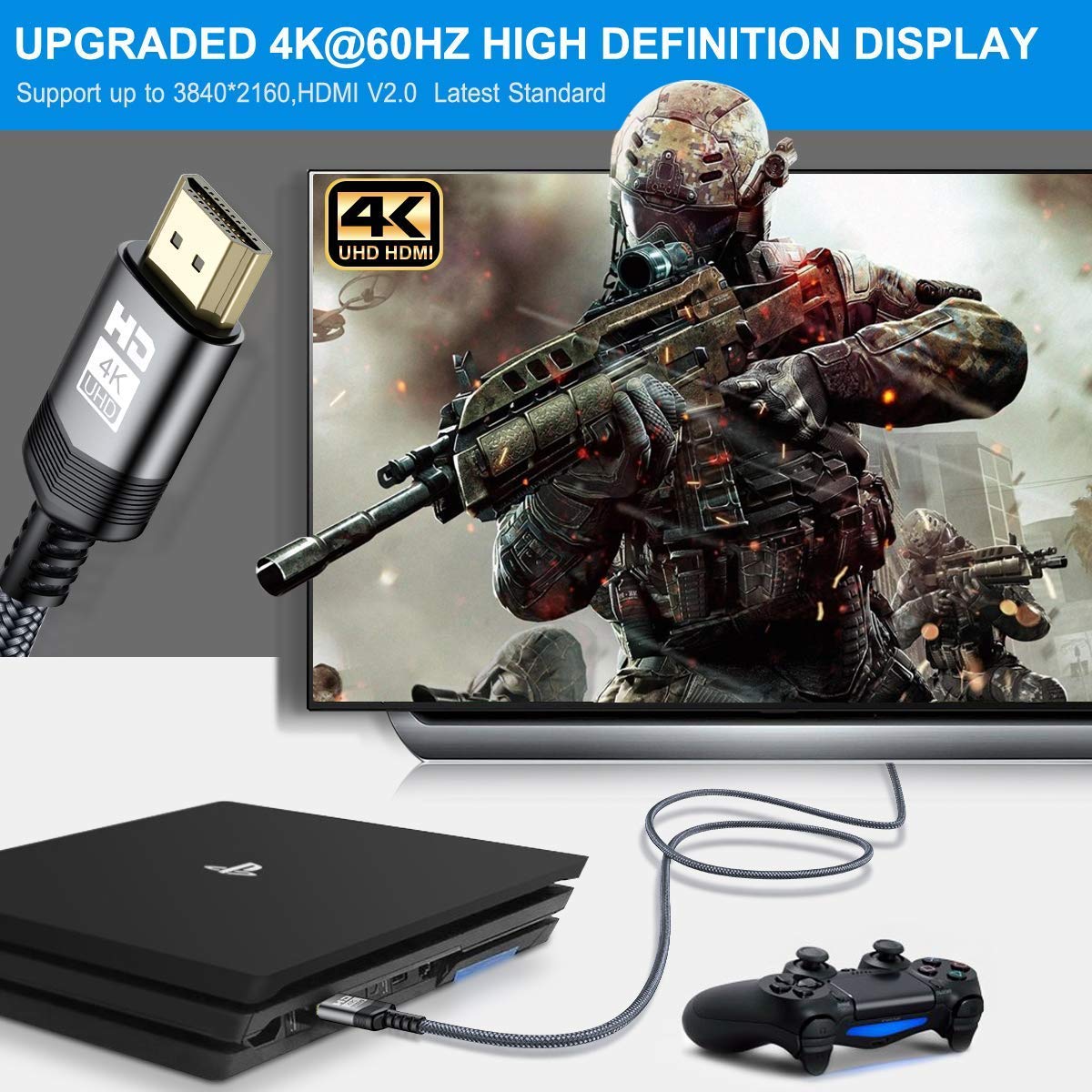 Detalle 2 de sweguard 4K HDMI-Kabel 4 Meter (HDMI 2.0, 4K@60Hz, 18 Gbps) mit ARC/Audio-Rückkanal