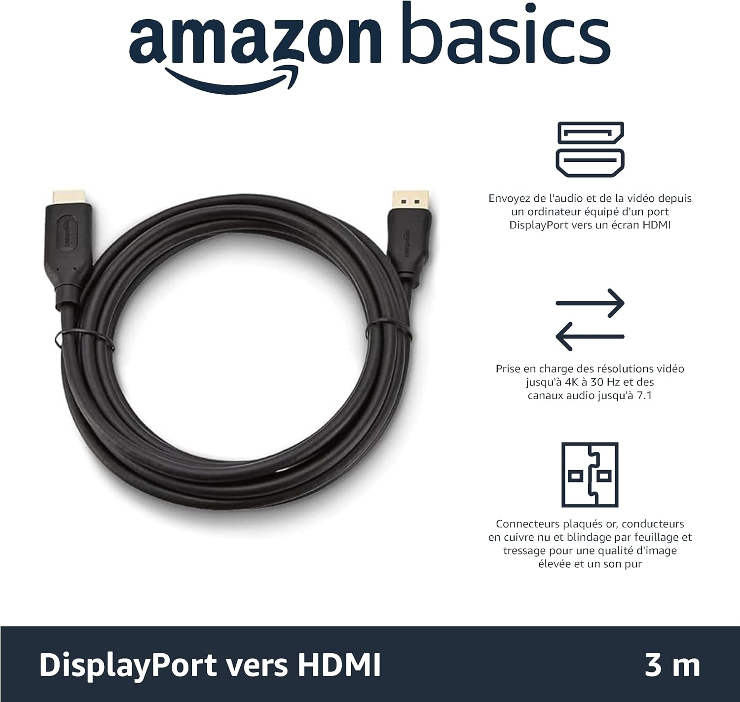Thumbnail 1 de Câbles DisplayPort vers HDMI Amazon Basics (5 pièces) – noir, 10 ft, unidirectionnels