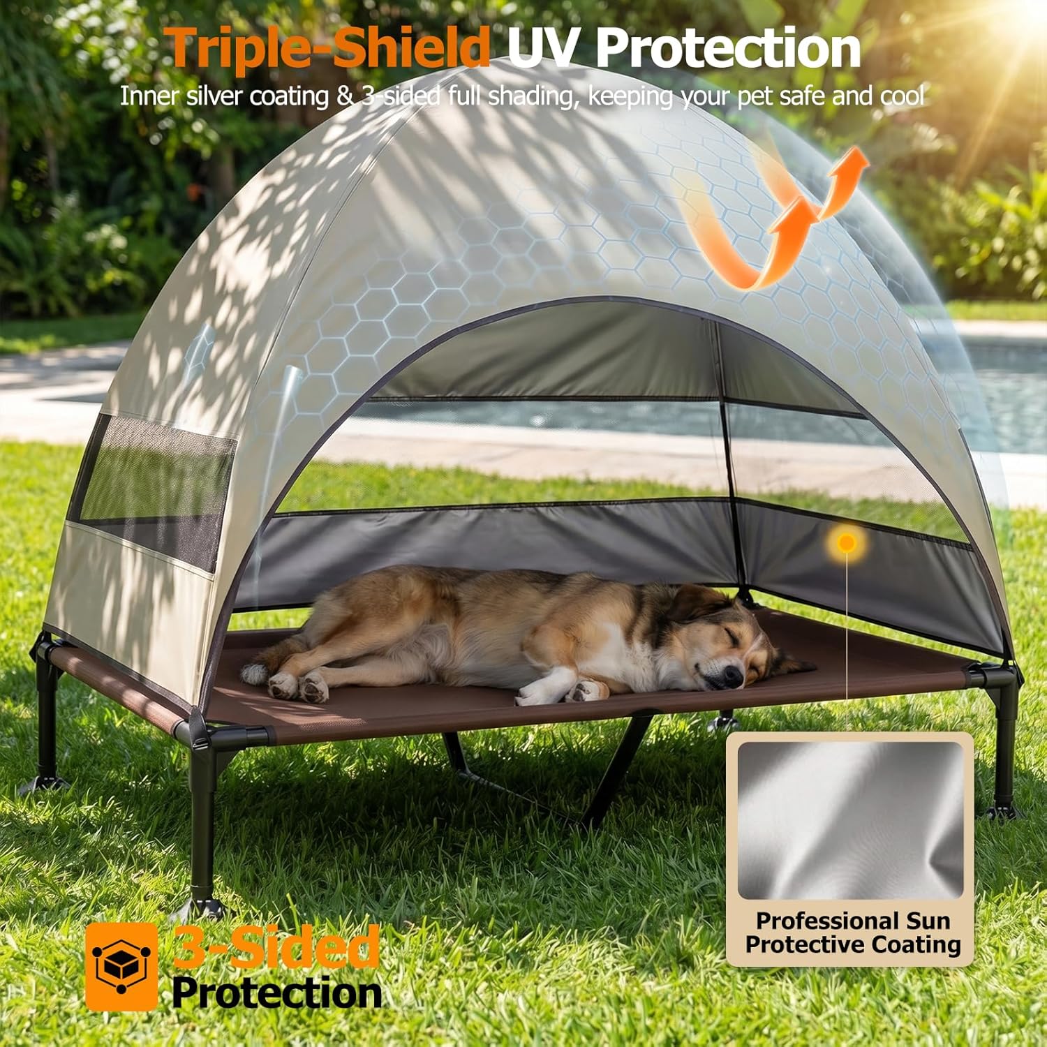 Thumbnail 4 de CJYMMFAN Elevated Dog Bed with UV-Proof Canopy (Raised Outdoor Dog Tent) – Khaki, XL