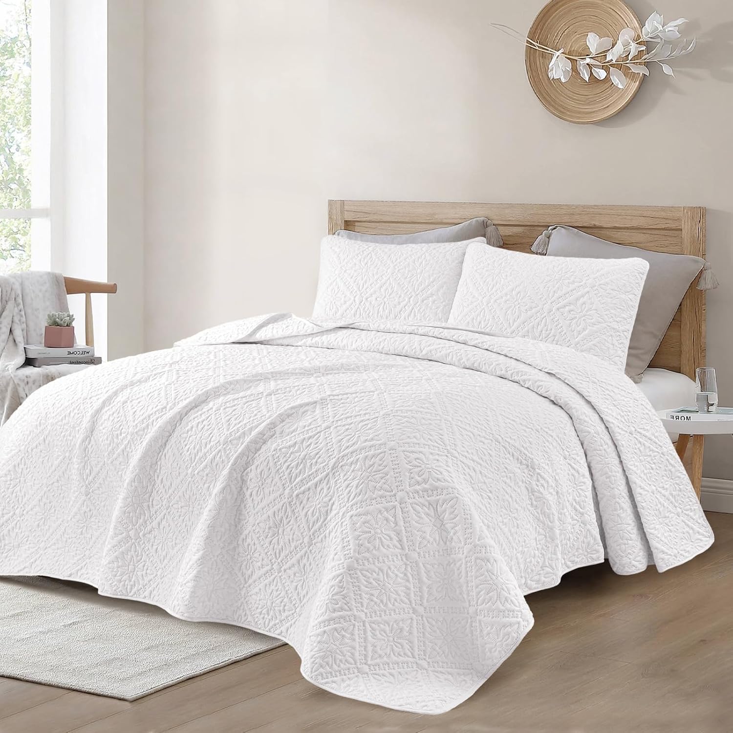 Detalle 2 de Exclusivo Mezcla Quilt Set, King White Floral Quilt with 2 Pillow Shams