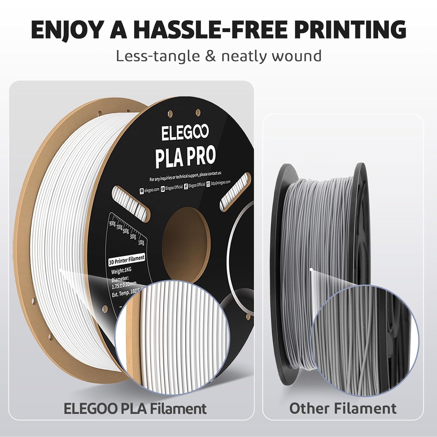Detalle 2 de ELEGOO PLA PRO 1.75mm Black 1kg Filament – Neatly Wound, Low-Temp Printing with High Dimensional Accuracy