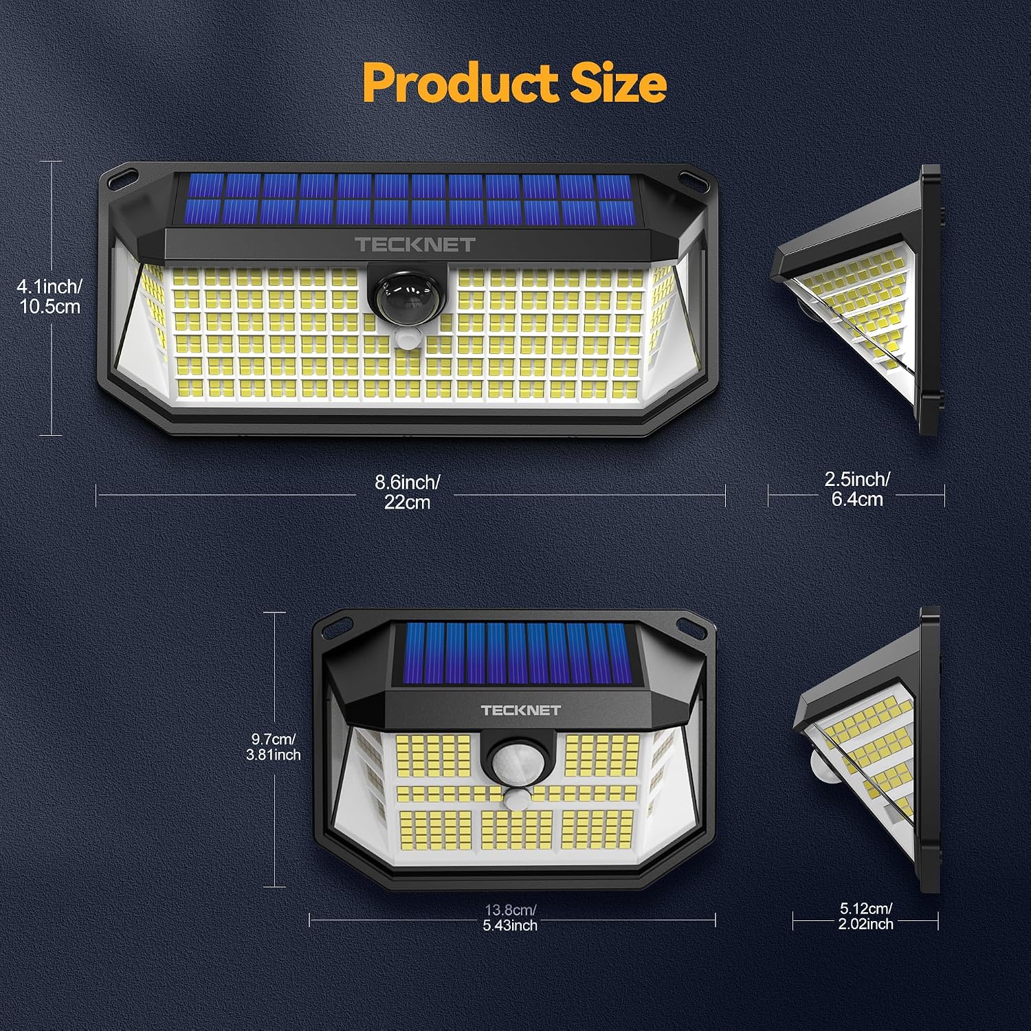 Detalle de TECKNET Solar Motion Sensor Lights, 2×231 LEDs + 1×416 LED, IP66