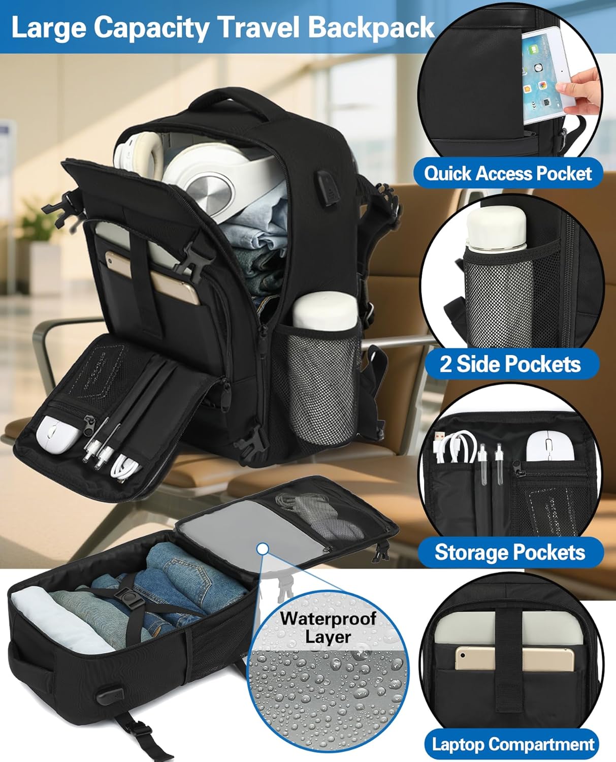Detalle de KLOSTAIN Ryanair cabin bag 40x30x20 underseat 24L with laptop compartment (black)