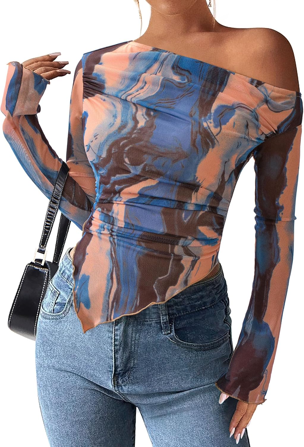 Detalle de PRETTYGARDEN Women's Off-Shoulder Mesh Top, Ruched Tie-Dye Floral, Long Sleeve