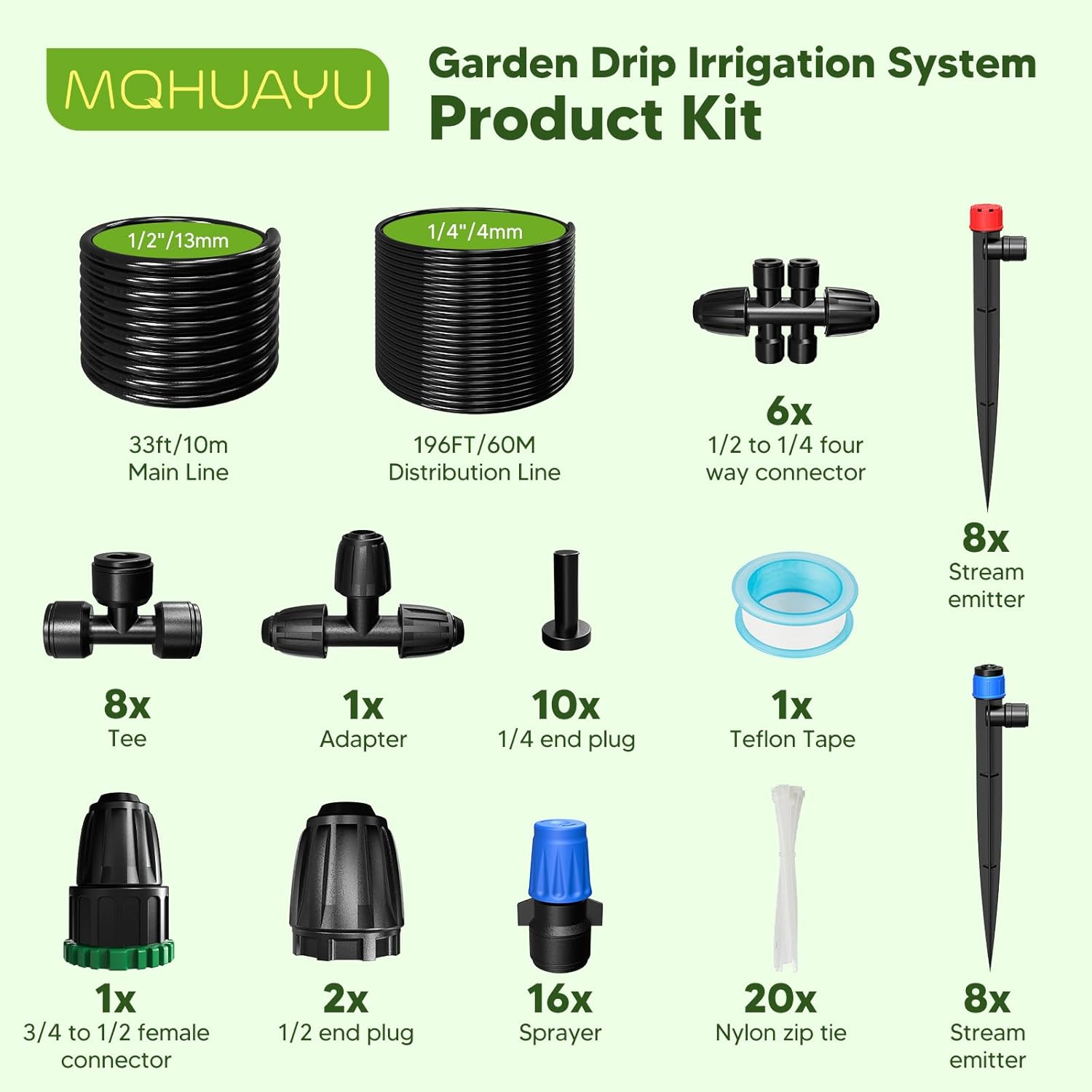 Thumbnail 1 de MQHUAYU 196FT + 33FT Quick-Connect Drip Irrigation System Kit with Adjustable Nozzles & Sprinklers