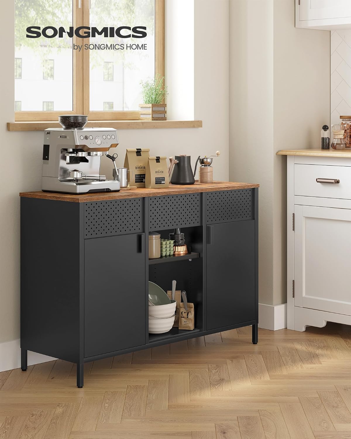 Thumbnail 1 de SONGMICS LSC204B01 Metal Sideboard with Adjustable Shelves, Rustic Brown and Black
