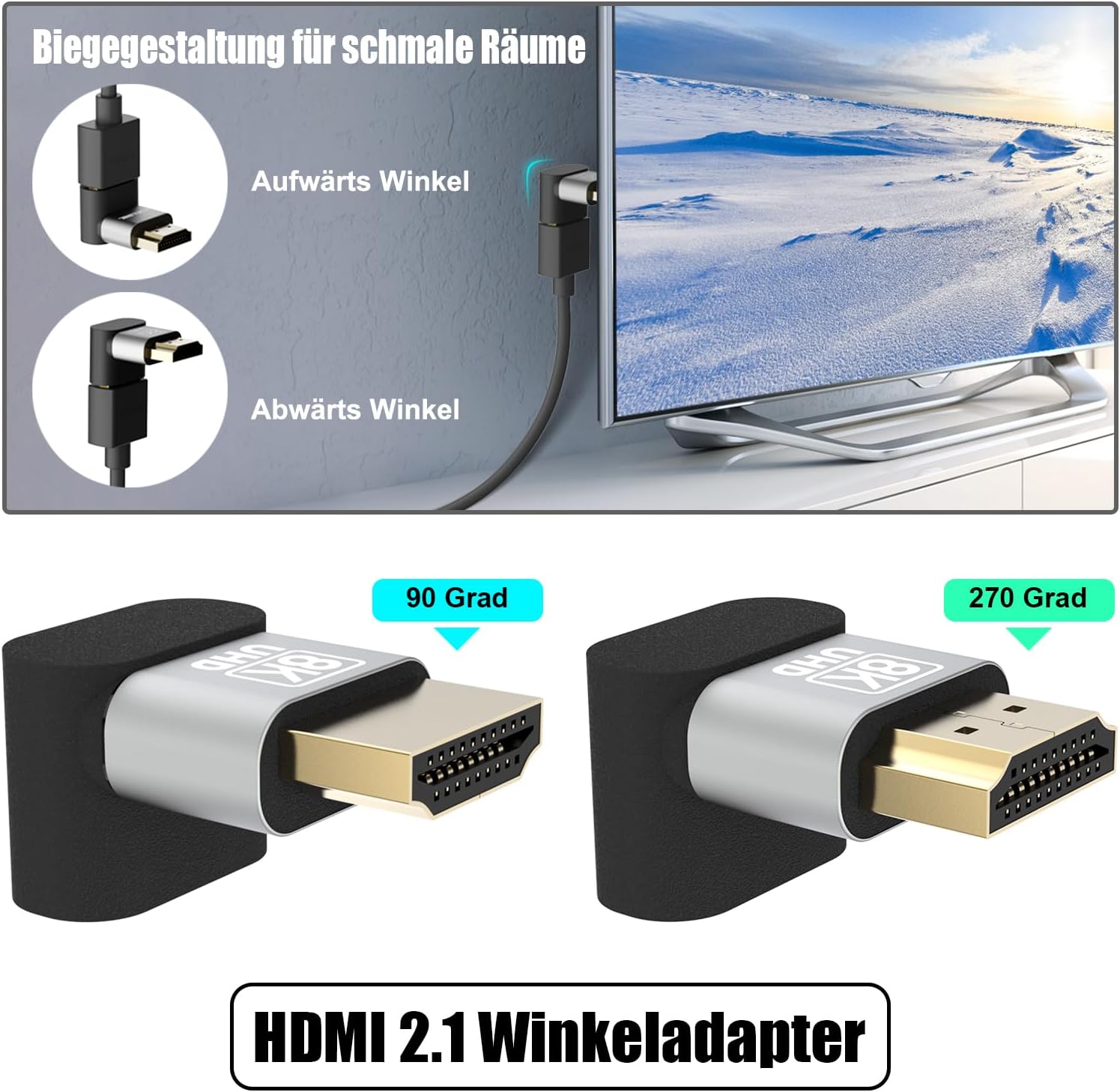 Thumbnail 2 de VCELINK 8K HDMI-Winkelstecker-Adapter (HDMI 2.1) mit 90°/270°, 8K@60Hz & 4K@120Hz, HDR/VRR/eARC – 2 Stück