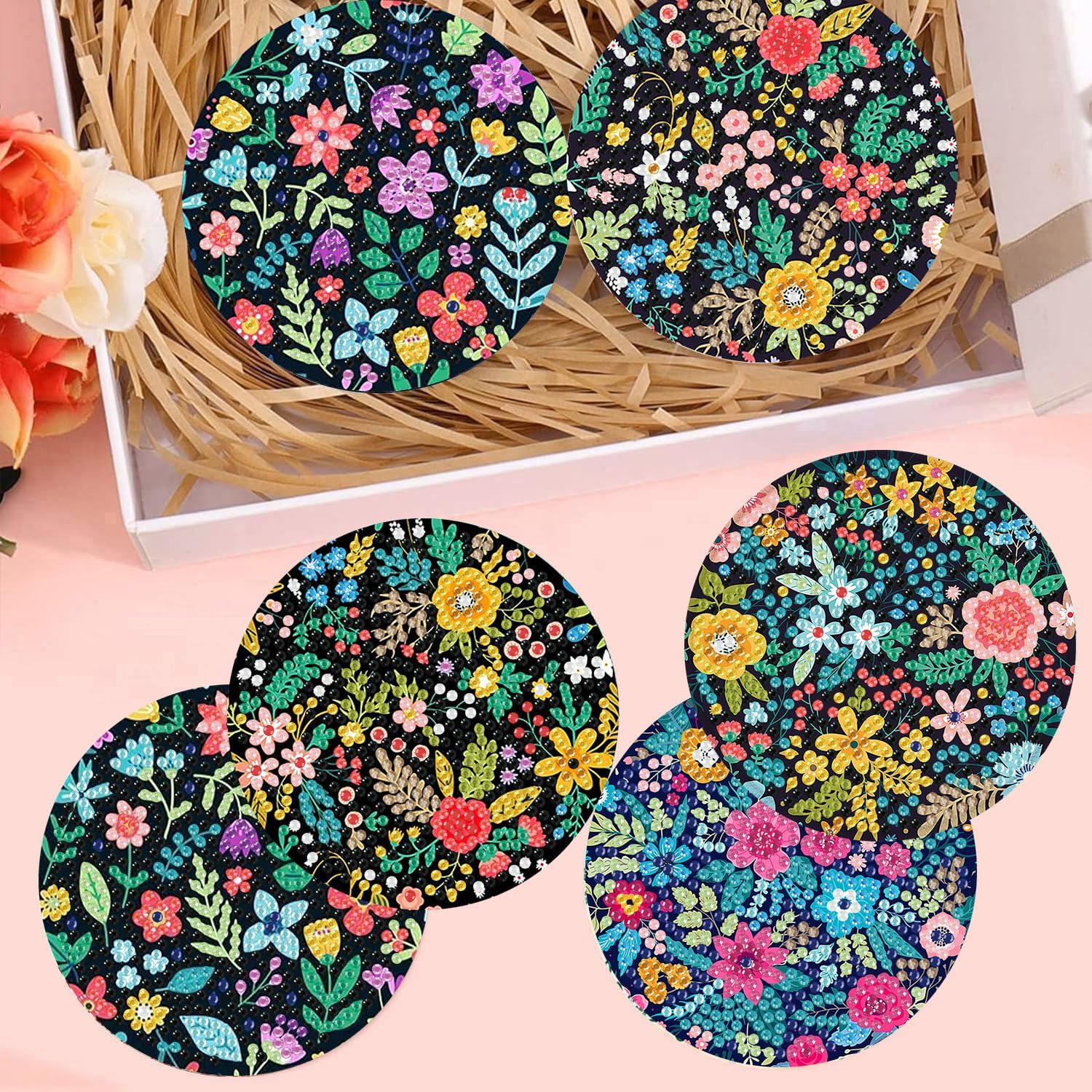 Detalle de mrpwnle 8-Pack Floral Diamond Art Coaster Kit with Acrylic Coasters, Cork Pads and Holder