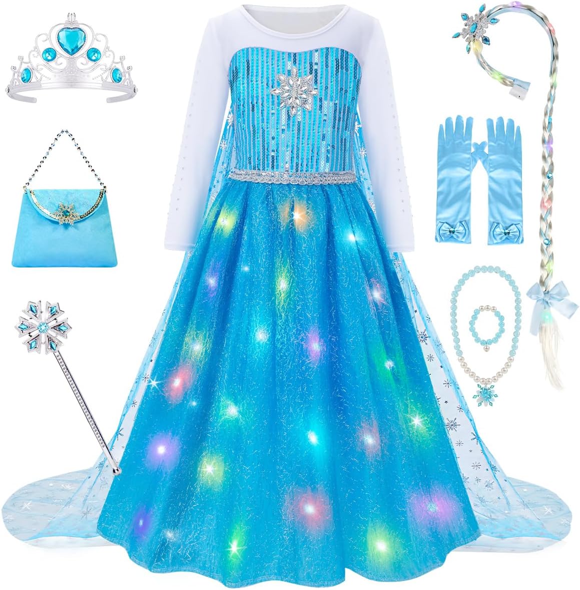 Detalle de Meland Prinzessin Kleid Mädchen – 8-teiliges Set inkl. Juwelen, Handschuhe und Zauberstab (3–10 Jahre)