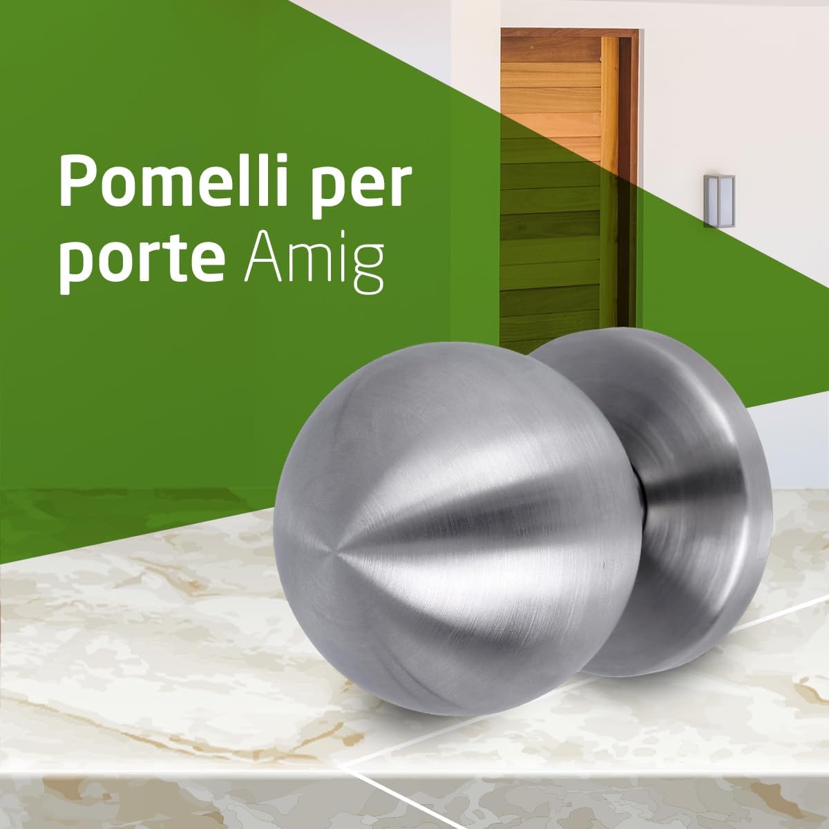 Detalle de Amig Pomello per porta in acciaio inox Ø70 mm – finitura argento, resistente a abrasione, ruggine e corrosione