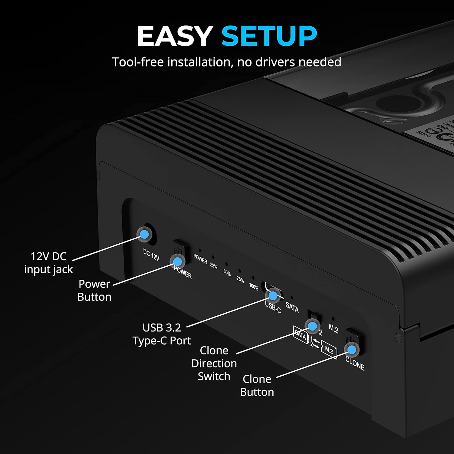 Detalle 2 de SABRENT M.2 SSD & HDD Dockingstation (DS-UFNC) – NVMe & 2,5/3,5 SATA per USB-C, 10 Gbps und Offline-Klonen