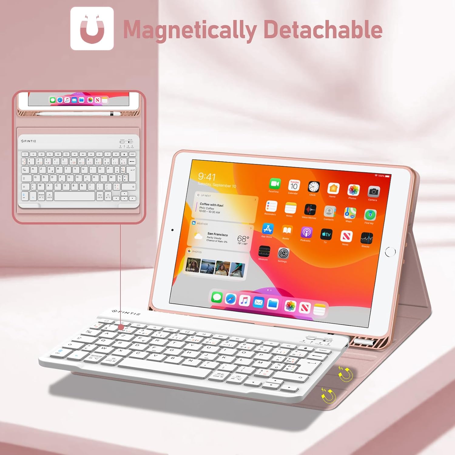 Thumbnail 2 de FINTIE Clavier AZERTY sans fil Bluetooth pour iPad 9e/8e/7e génération 10,2 pouces (coque rose, rangement pour stylet)