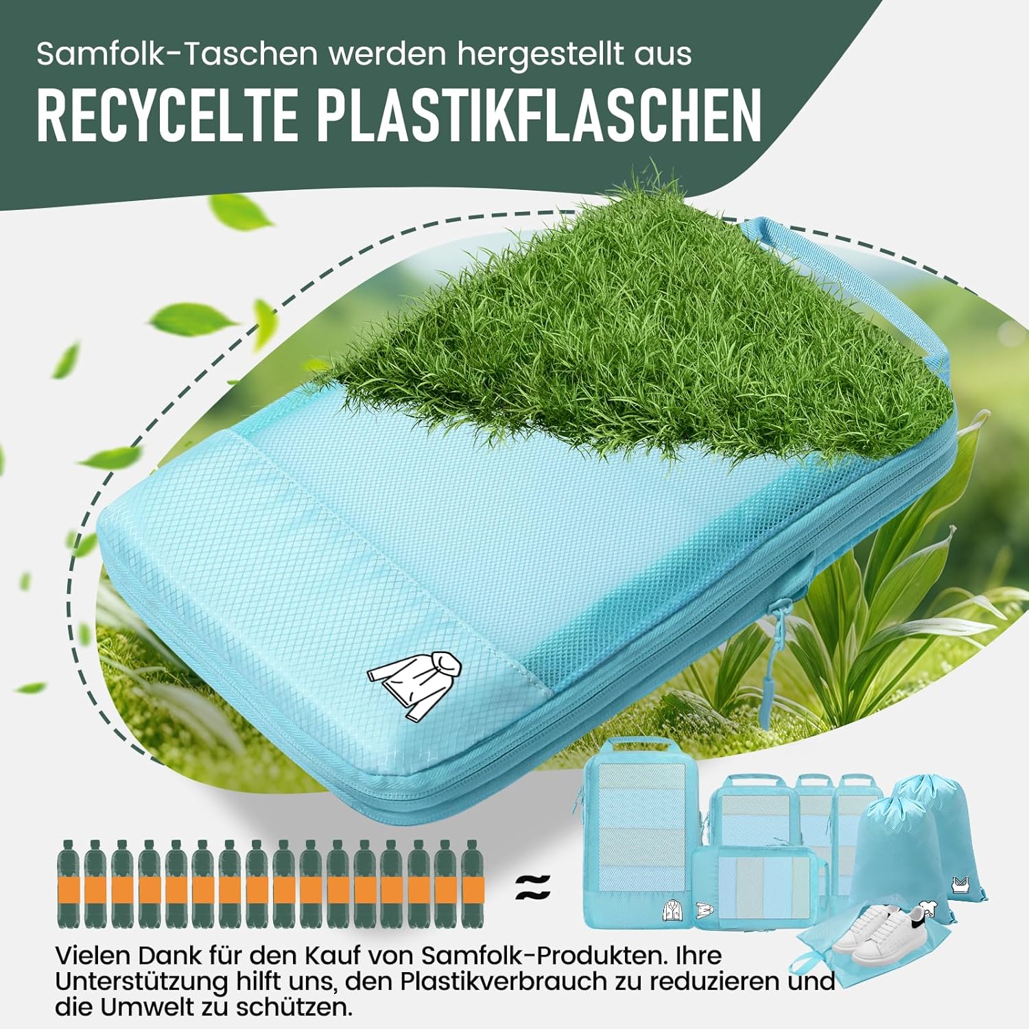 Detalle de 8-teilige Compression Packing Cubes – Hellblau, Koffer Organizer für Reisen