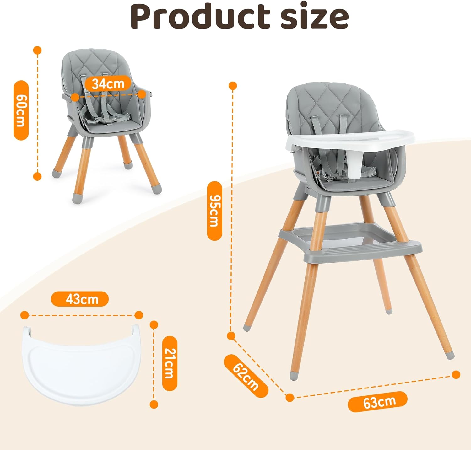 Thumbnail 5 de Ezebaby Seggiolone Pappa 6 in 1 con rialzo, sgabello e tavolino (grigio con ripiano)