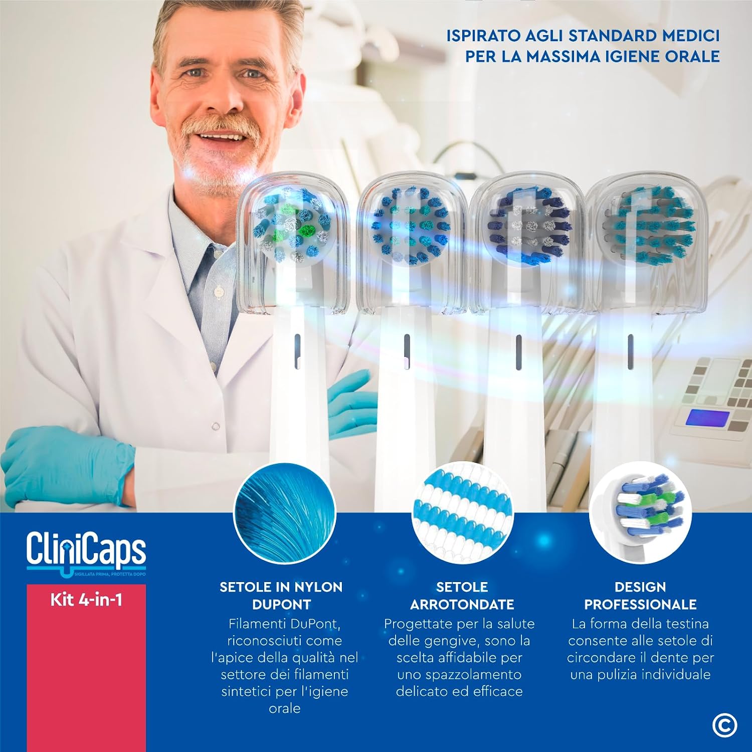 Detalle de Set da 24 testine per spazzolino elettrico compatibile Oral-B CliniCaps Kit 4-in-1 (AngleAct, CoreClean, PinPoint, SoftSense)