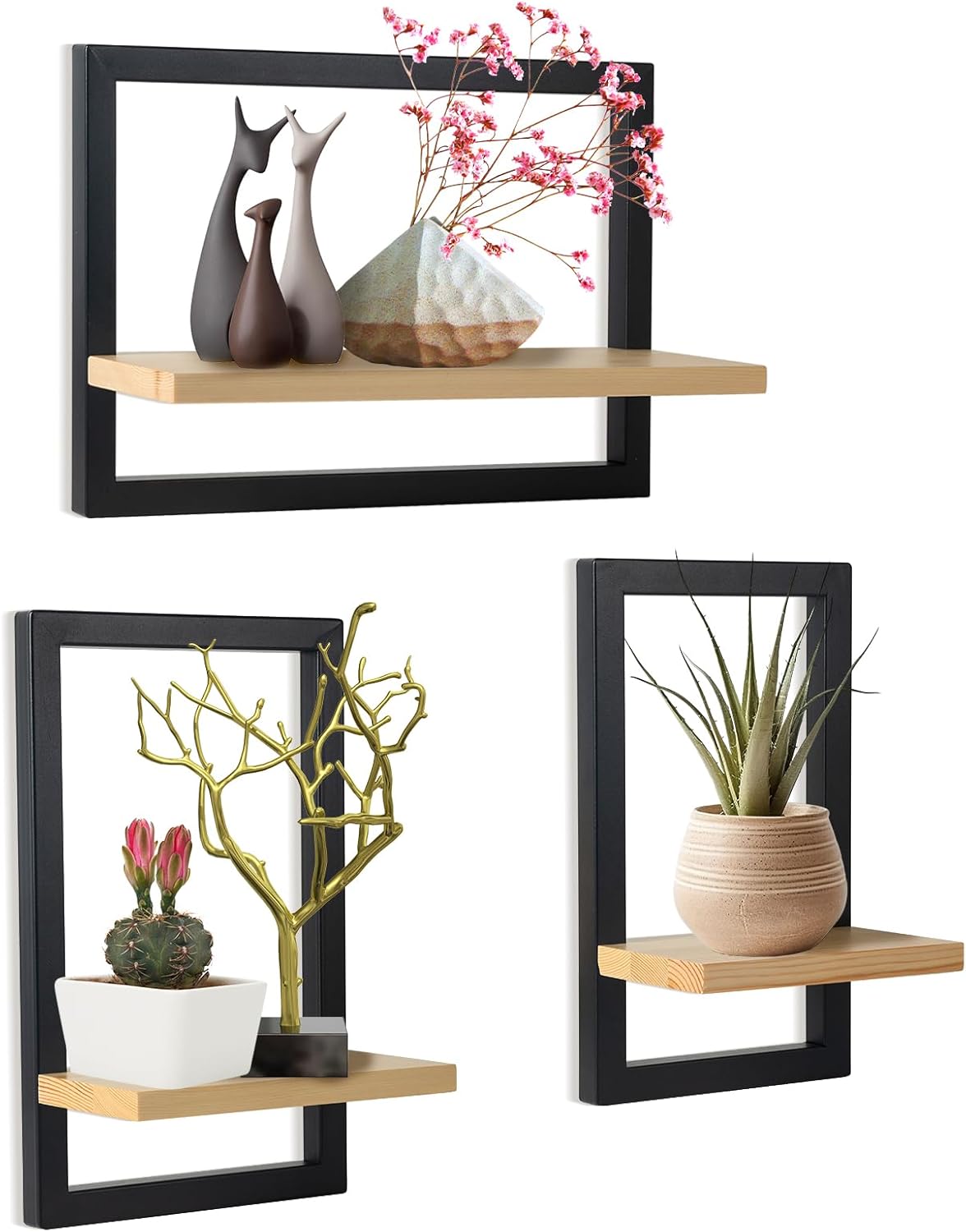 Detalle de hi-home Set mit 3 Wandregalen – schwebende, quadratische Holzwandregale in Braun