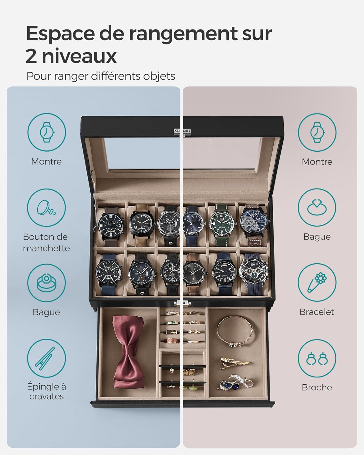 Thumbnail 2 de SONGMICS Boîte à Montres JWB012 – Coffret à 2 niveaux, 12 montres, PU Noir, Doublure beige verdâtre, Verrouillable