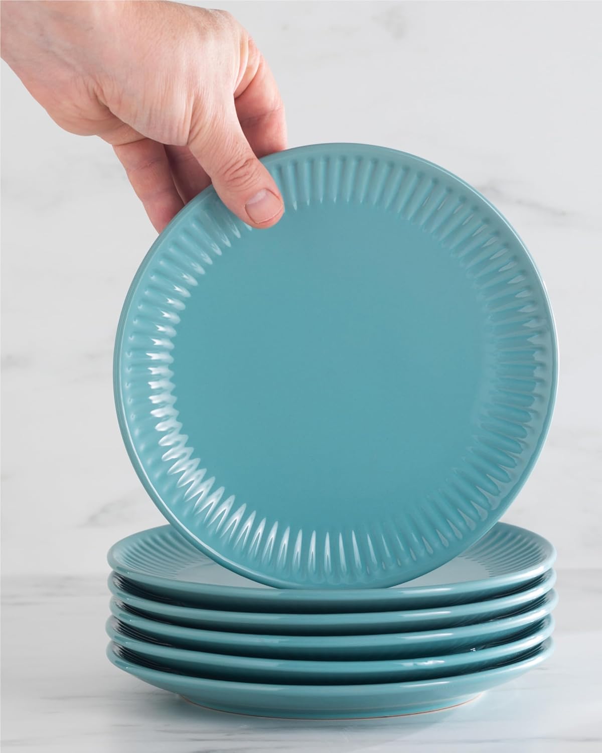 Thumbnail 6 de Stoneware Dinnerware Set for 8 People HYGGE 24-Piece: Elegant Scandi Green Ribbed Tableware