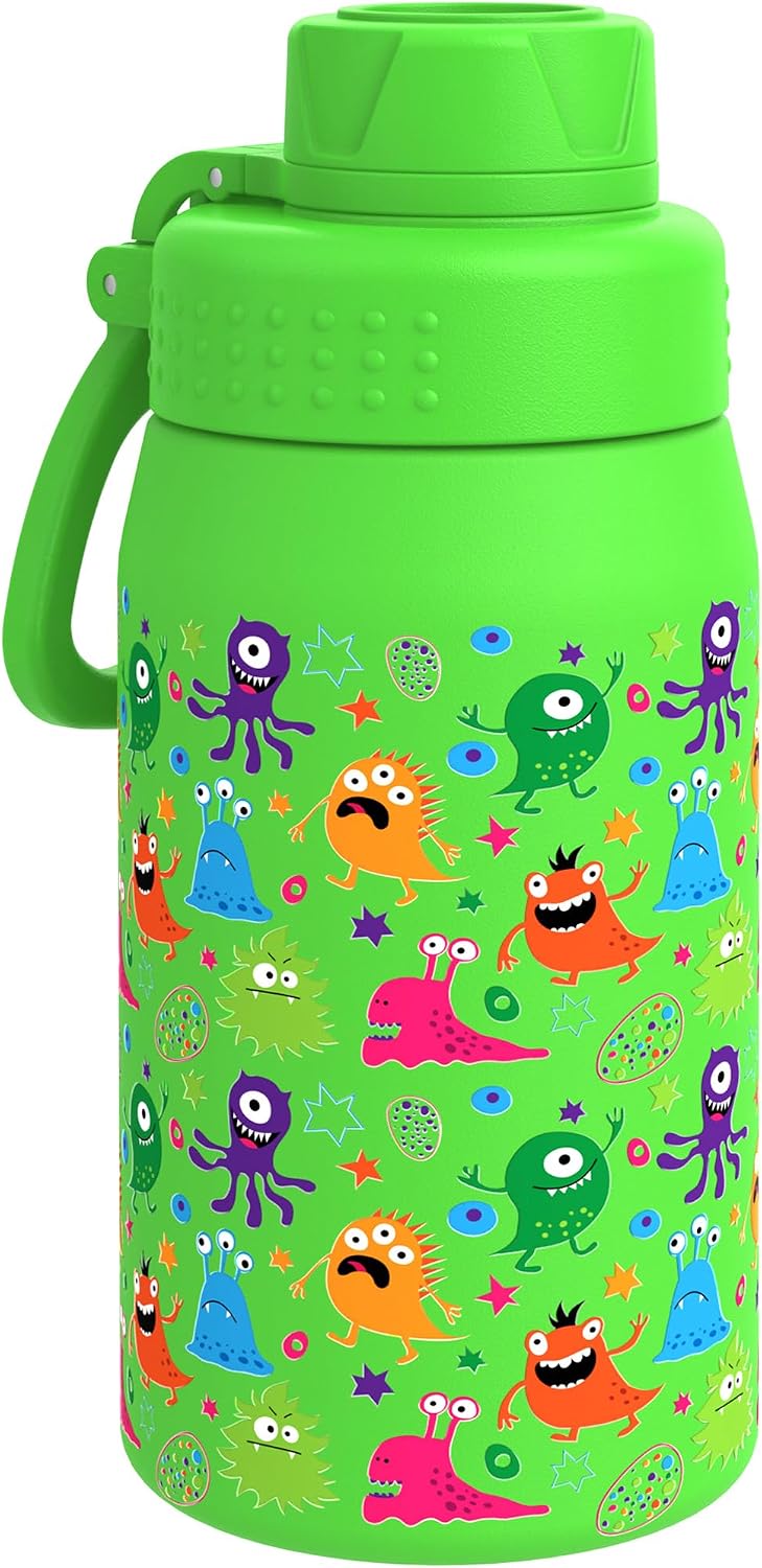 Detalle de GOPPUS 420ml Kids Insulated Water Bottle with Screw Lid (No Straw) – Green Monster