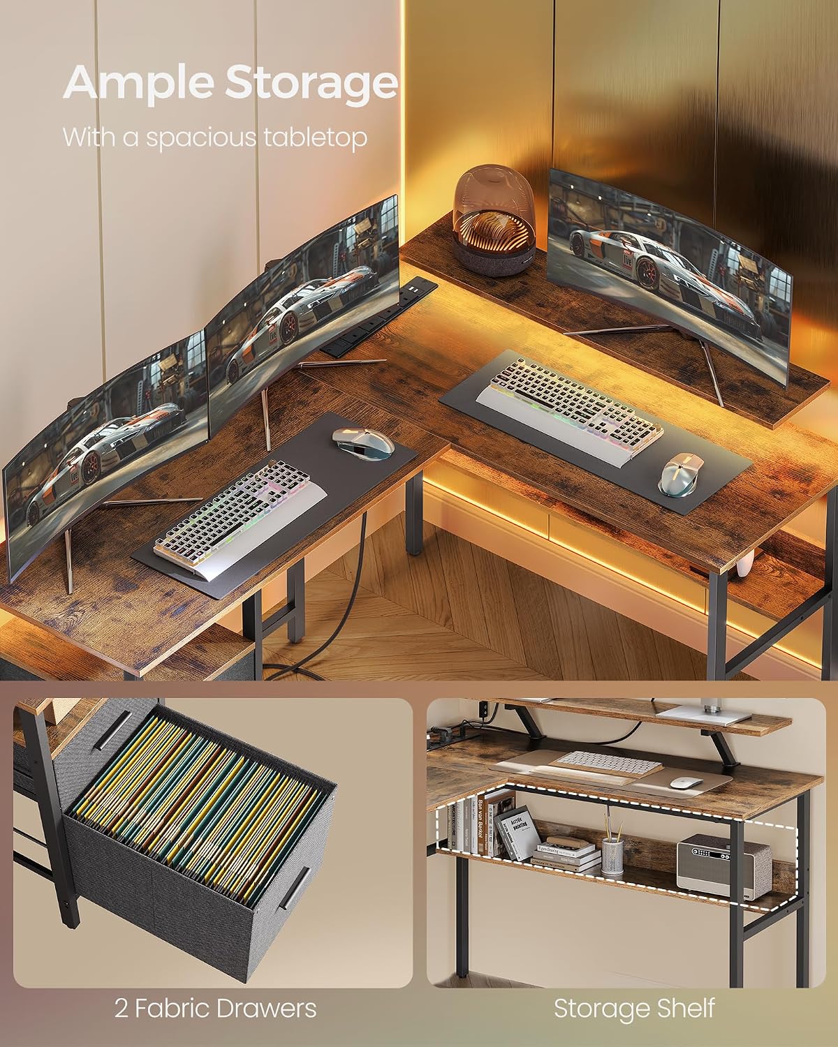 Thumbnail 6 de VASAGLE Rustic Brown L-Shaped Computer Desk with Monitor Shelf, LED Lights, 2 Drawers, 2 USB Ports