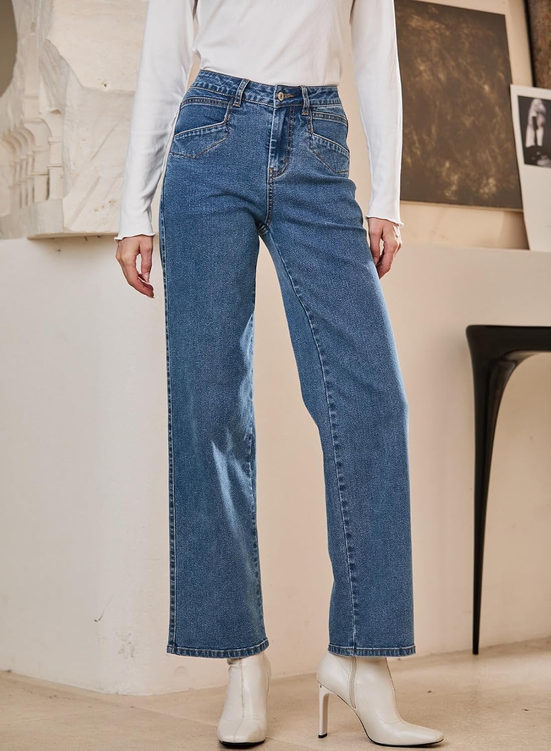 Detalle 2 de SIDEFEEL Women's High-Waisted Stretchy Wide-Leg Jeans with Slant Pockets