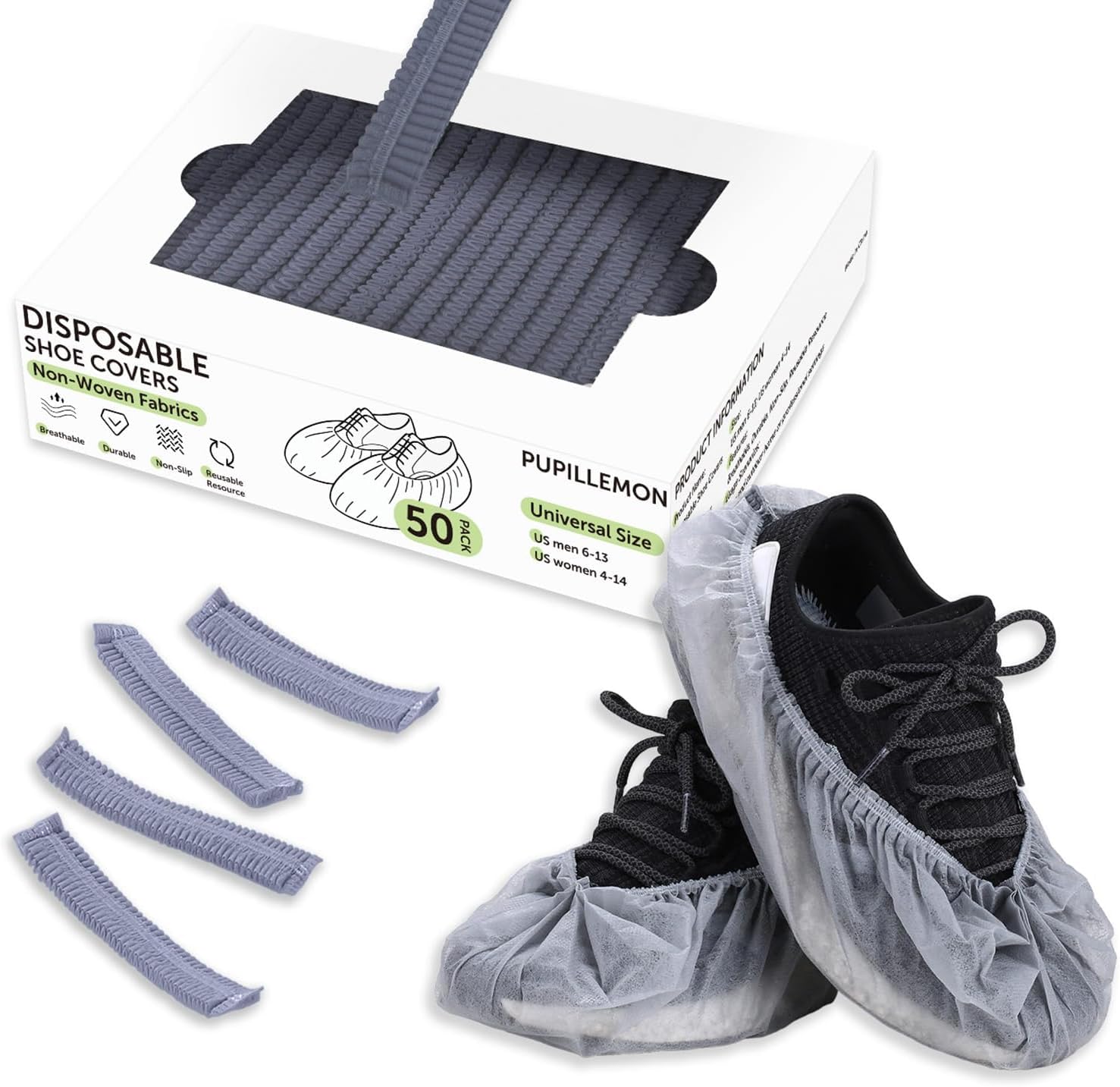 PUPILLEMON Disposable Non-Woven Shoe Covers (50/100/200 pack) – Breathable, Non-Slip, Fits up to UK Men Size 12