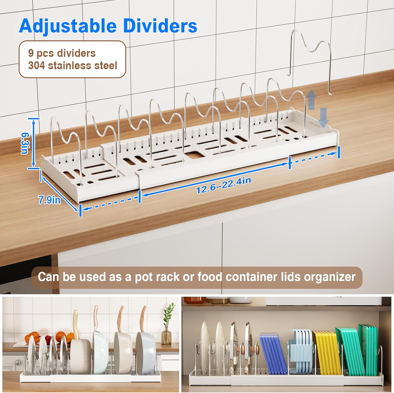 Thumbnail 1 de Mustorn 2-Pack Expandable Pots and Pans Organizer with 9 Adjustable Dividers (Under-Cabinet Lid Holders) – White
