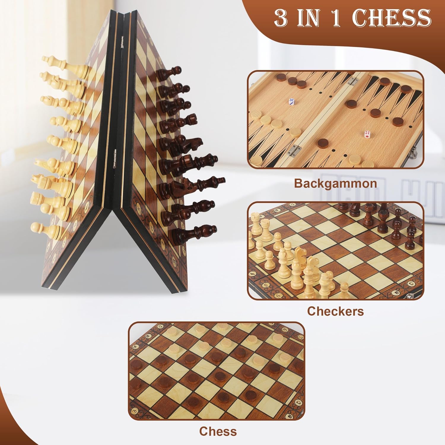 Thumbnail 2 de Nuangoo Scacchiera in Legno 34x34 cm 3‑in‑1