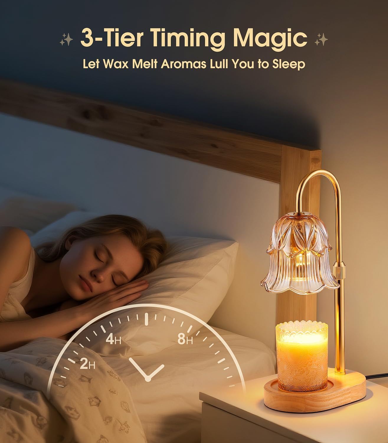 Detalle de Pfxud SY-RLD03 Candle Warmer Lamp with Flower Glass Shade, Adjustable Height and Timer