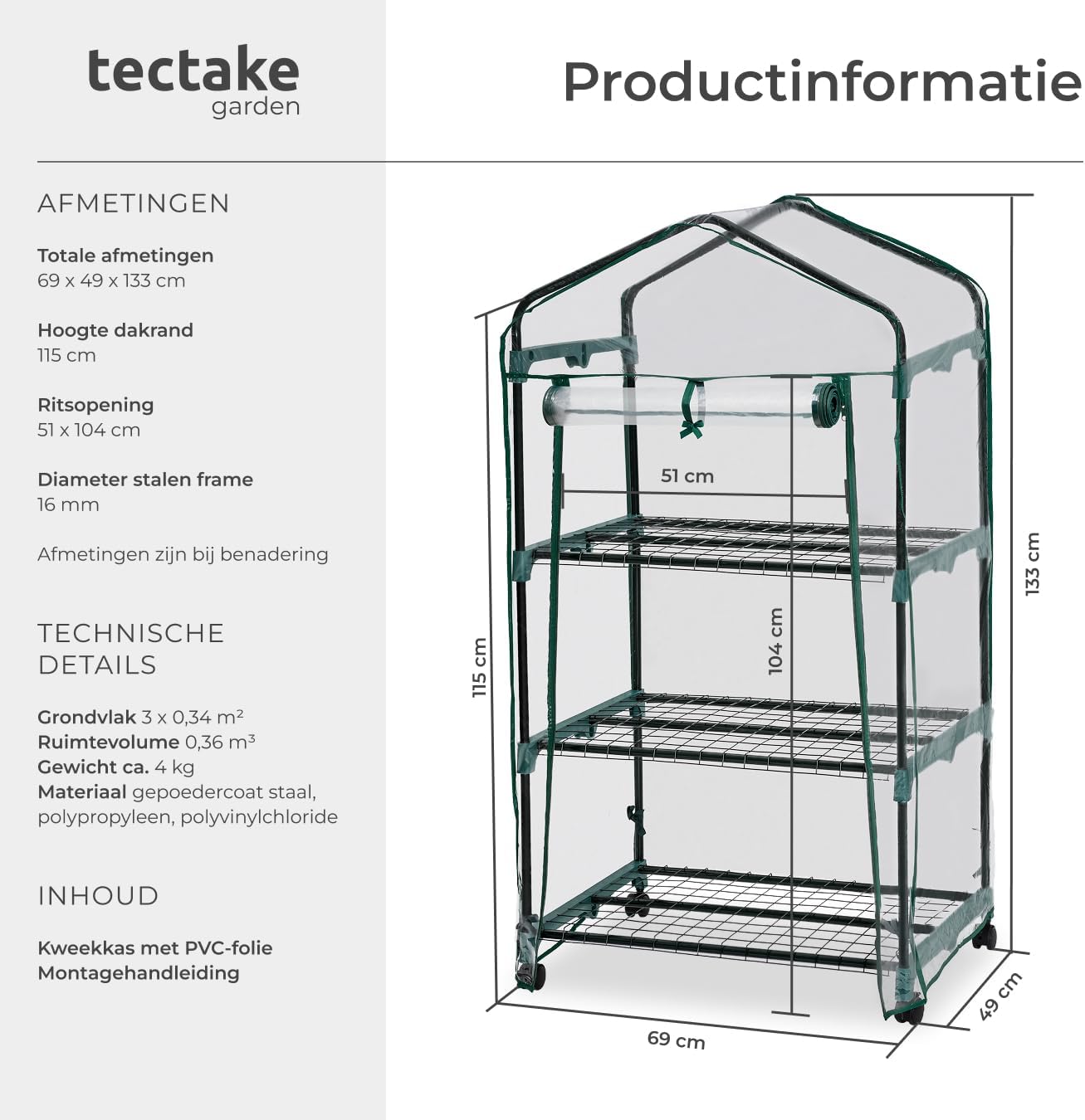 Thumbnail 2 de tectake 401862 mobiele foliekas met PVC-afdekking, stalen frame en 3 etages