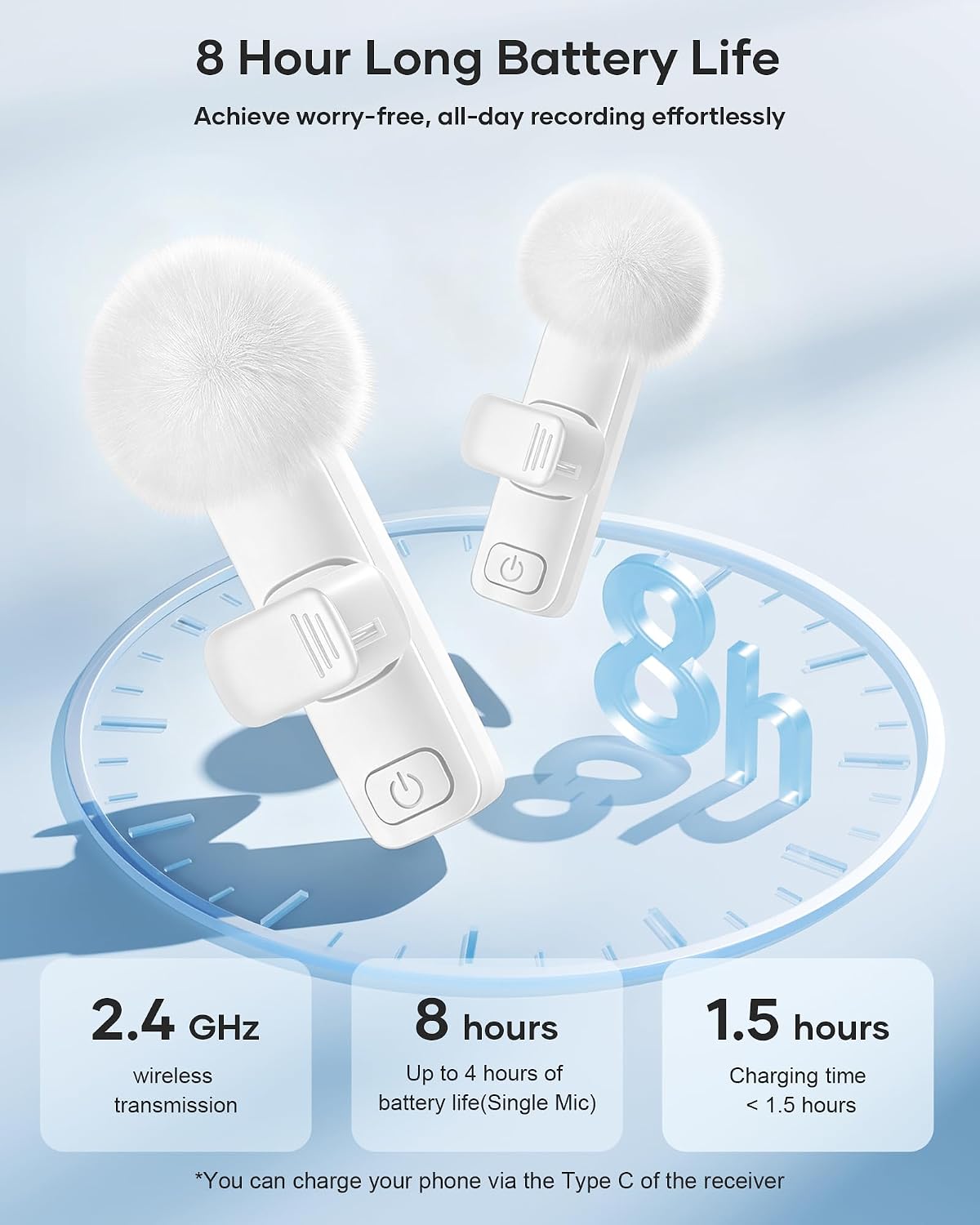 Detalle 2 de KUKIHO Mic-03 Wireless Lavalier Microphone, 2-Pack, USB-C, White
