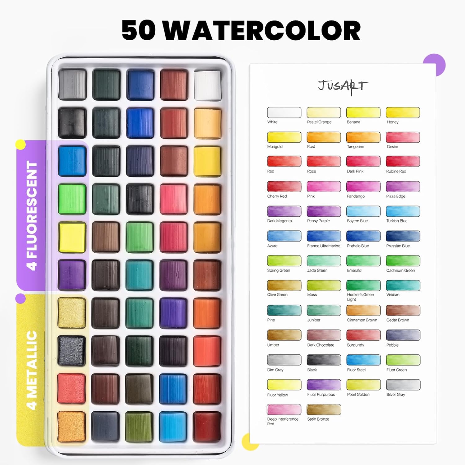 Thumbnail 1 de JusArt Aquarellfarben-Set mit 50 Farben – tragbares Komplett-Set inklusive Metallic- und Fluoreszenzfarben