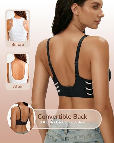 Detalle de Happriue Wireless Deep V Bra for Women, Black, Lightly Padded