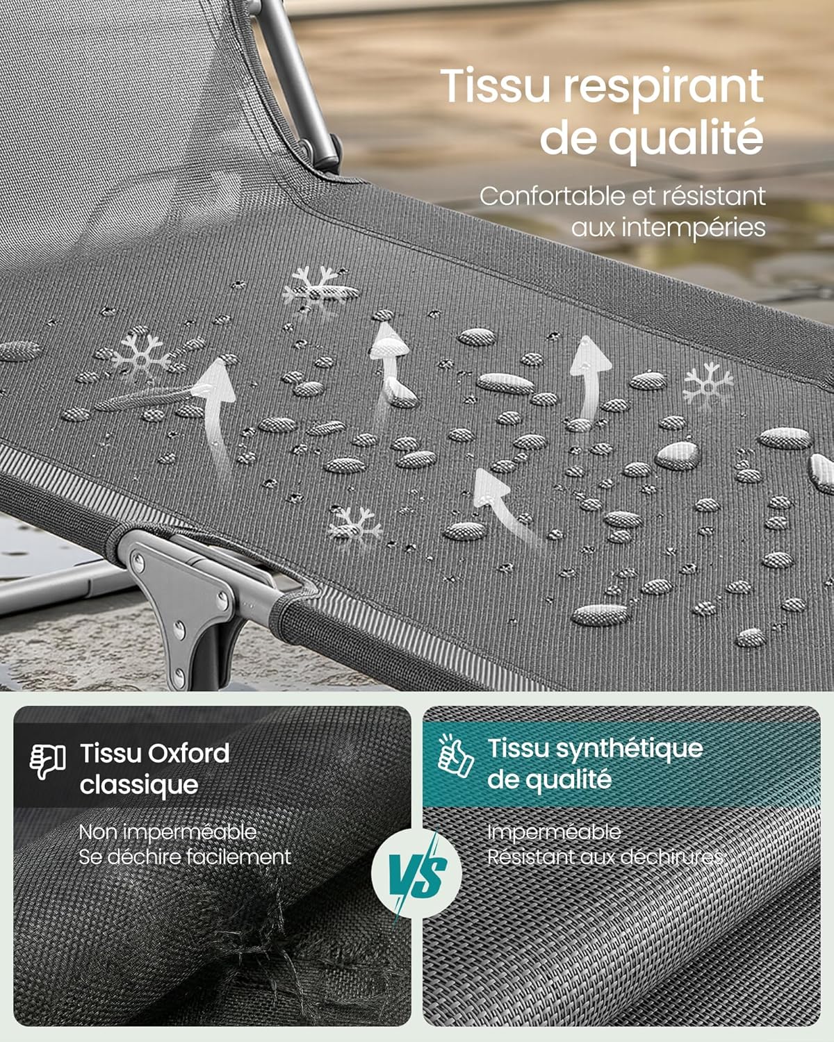 Thumbnail 5 de SONGMICS lot de 2 chaises longues pliantes avec pare-soleil réglable 360° et dossiers sur 4 positions (189 x 53 x 28,5 cm) – Gris GCB294GZ02